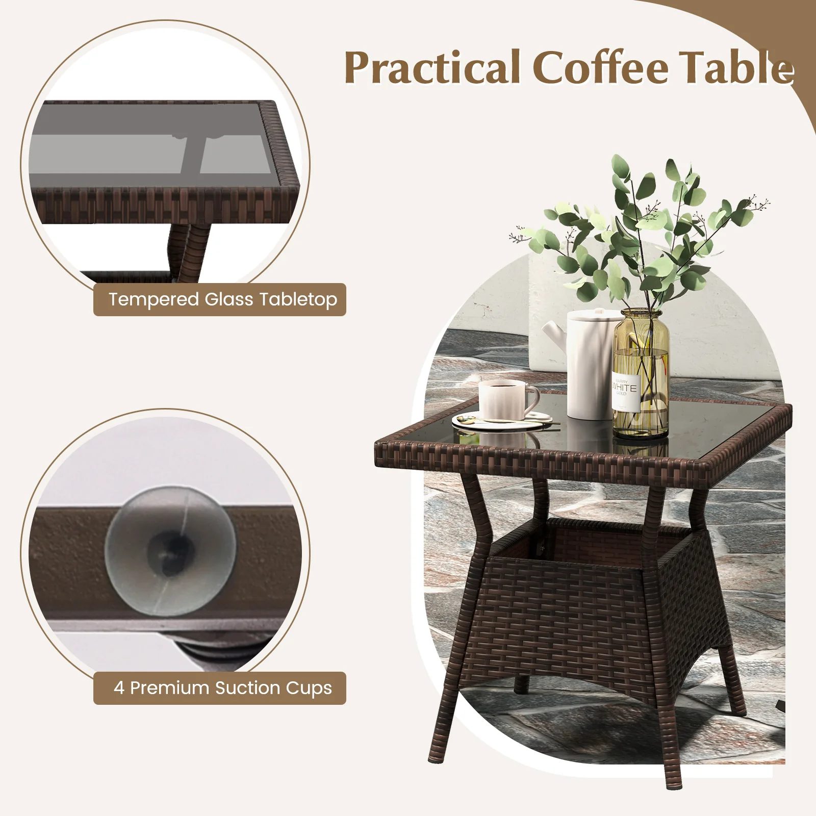 3 Piece Outdoor Rocking Set, Tempered Glass Coffee Table, Gray - Image 9