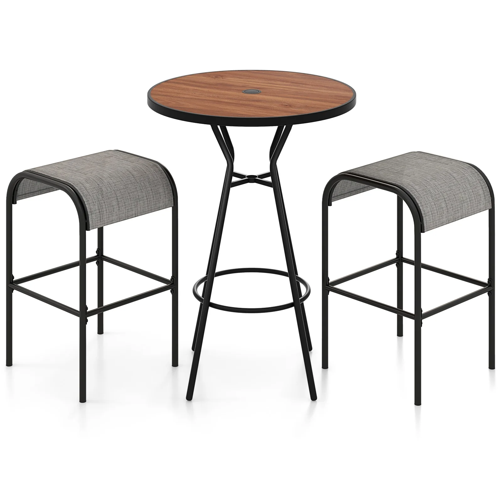 3 Piece Outdoor Round Bar Table Set, 1.6 Inches Umbrella Hole
