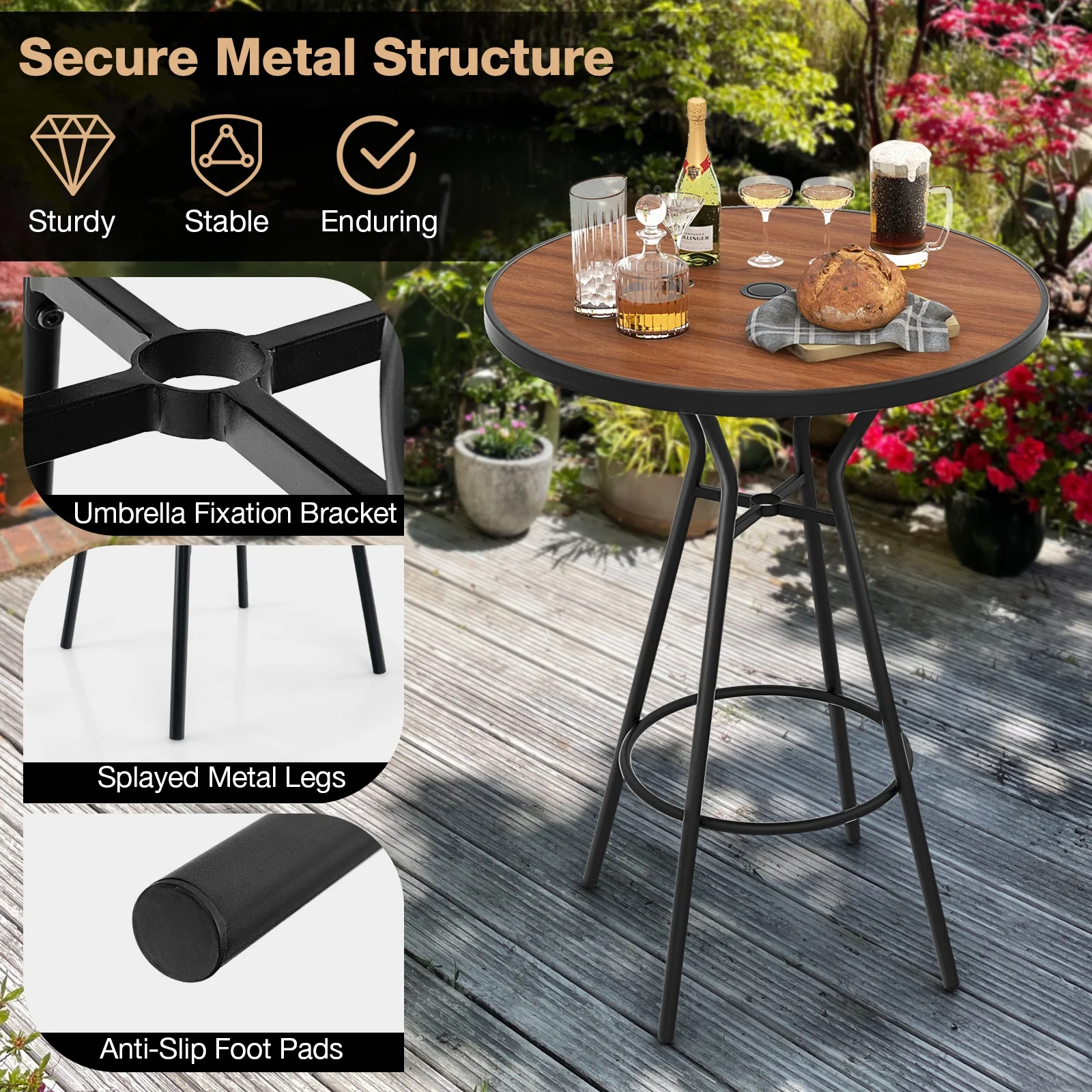 3 Piece Outdoor Round Bar Table Set, 1.6 Inches Umbrella Hole - Image 10