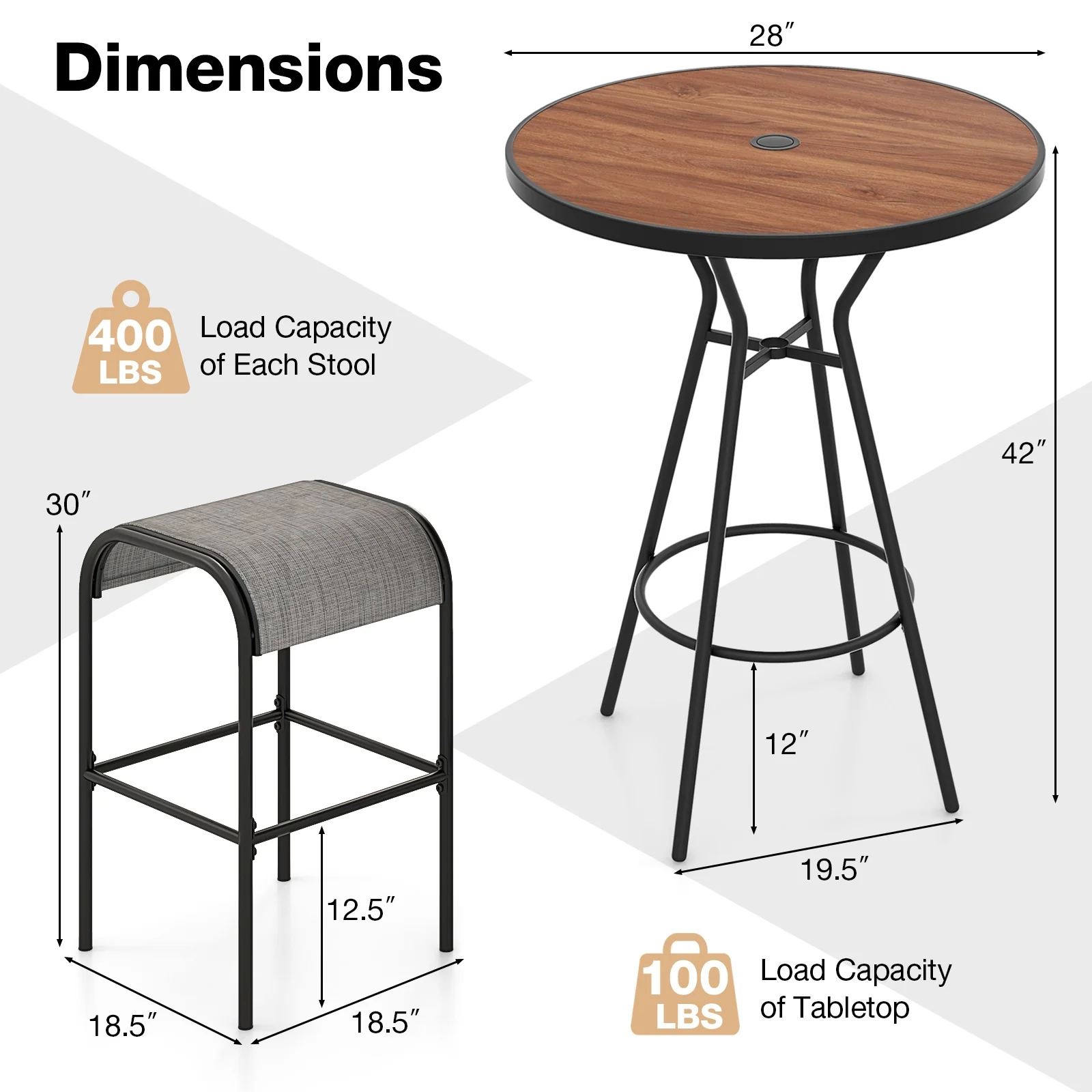3 Piece Outdoor Round Bar Table Set, 1.6 Inches Umbrella Hole - Image 6