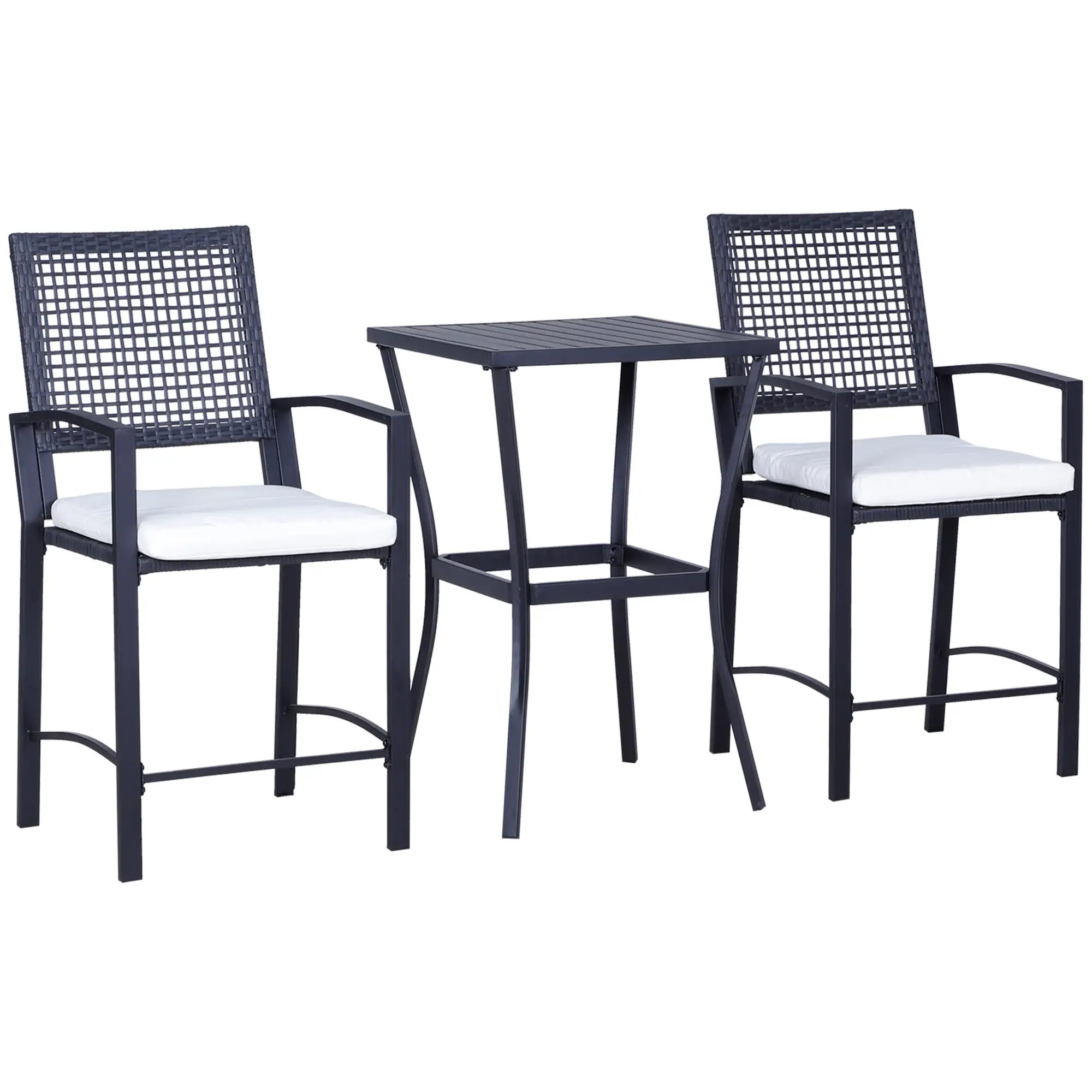 3-Piece Outdoor Wicker Bar Set, Rattan Patio Table & Chairs w/ Cushions, Cream White
