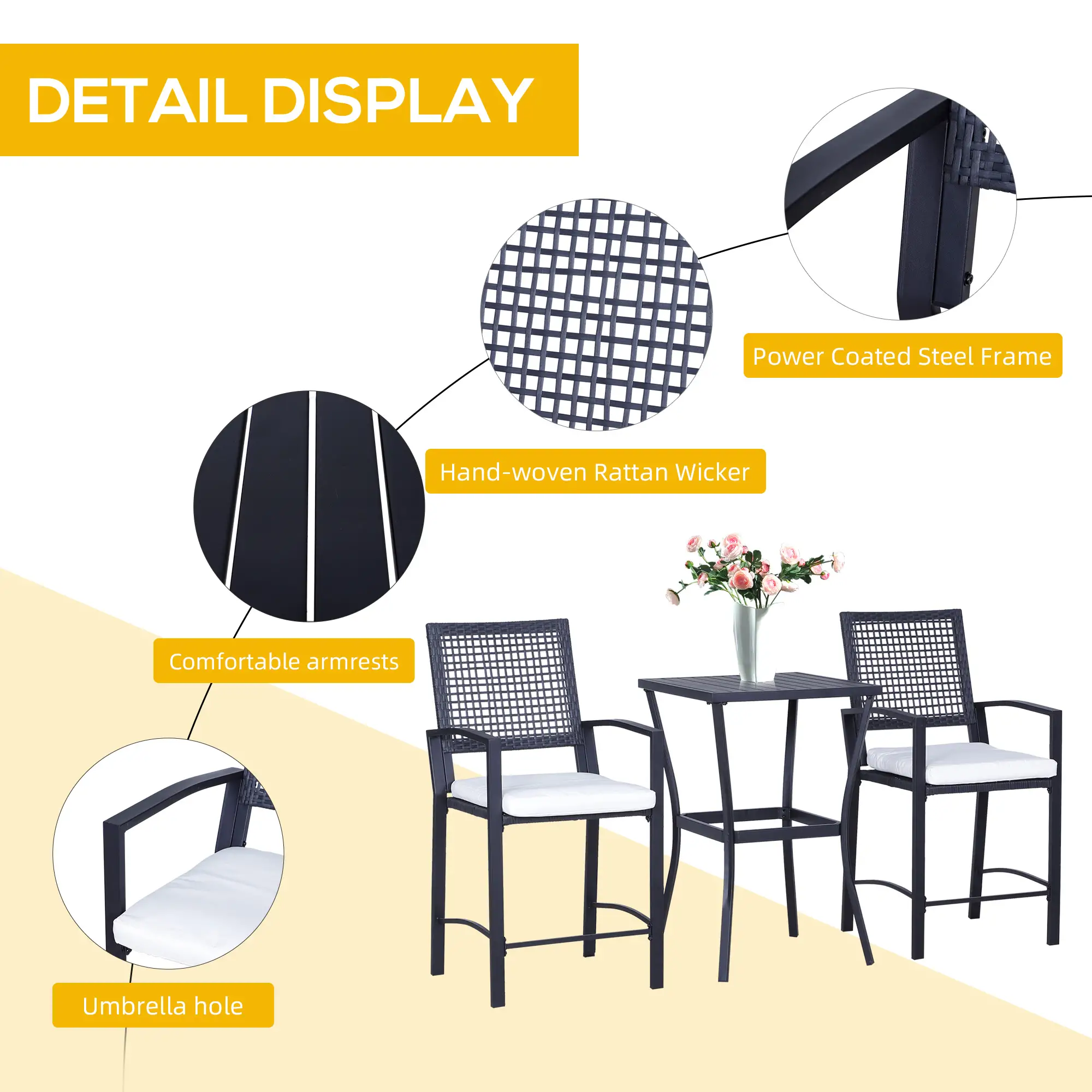 3-Piece Outdoor Wicker Bar Set, Rattan Patio Table & Chairs w/ Cushions, Cream White - Image 5