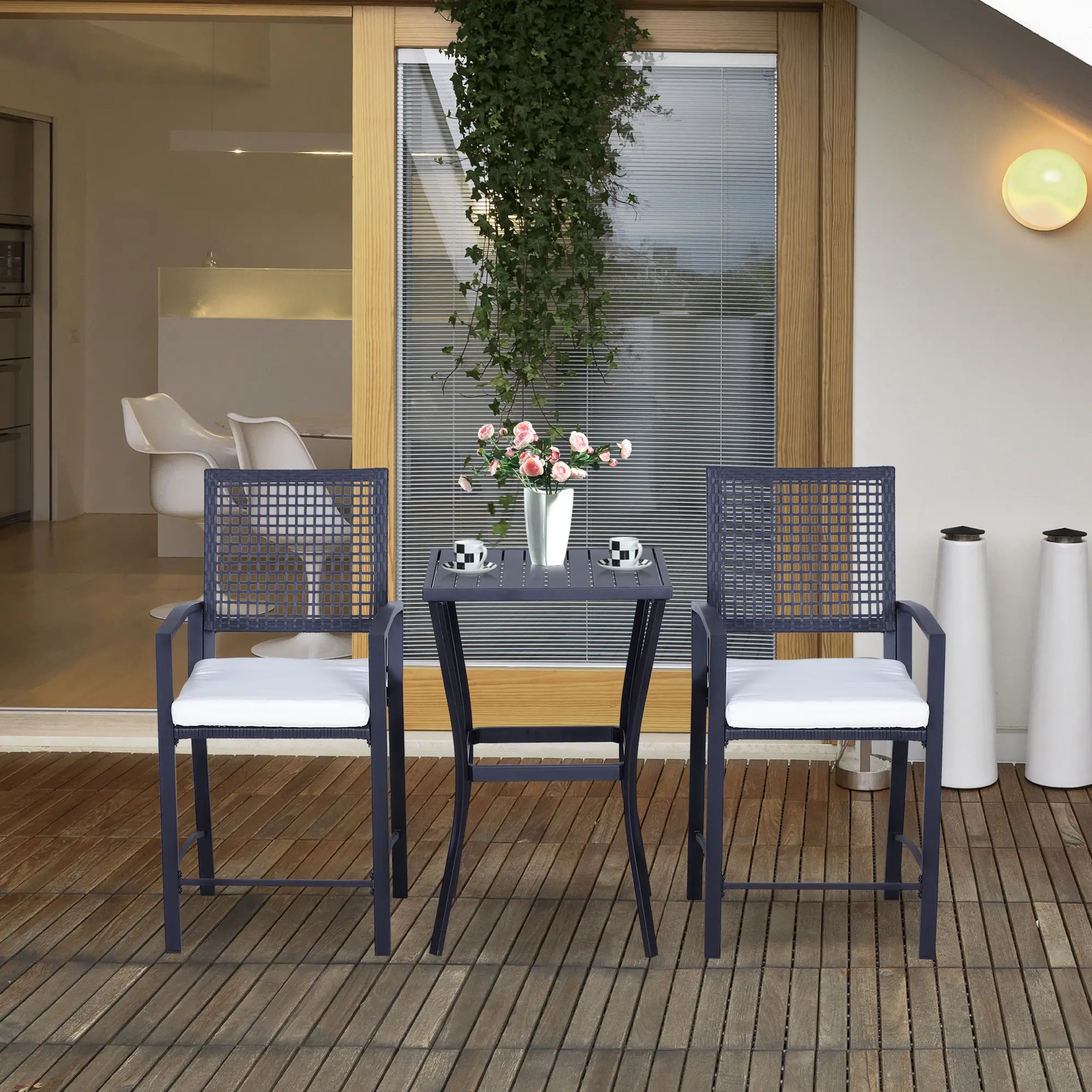 3-Piece Outdoor Wicker Bar Set, Rattan Patio Table & Chairs w/ Cushions, Cream White - Image 7