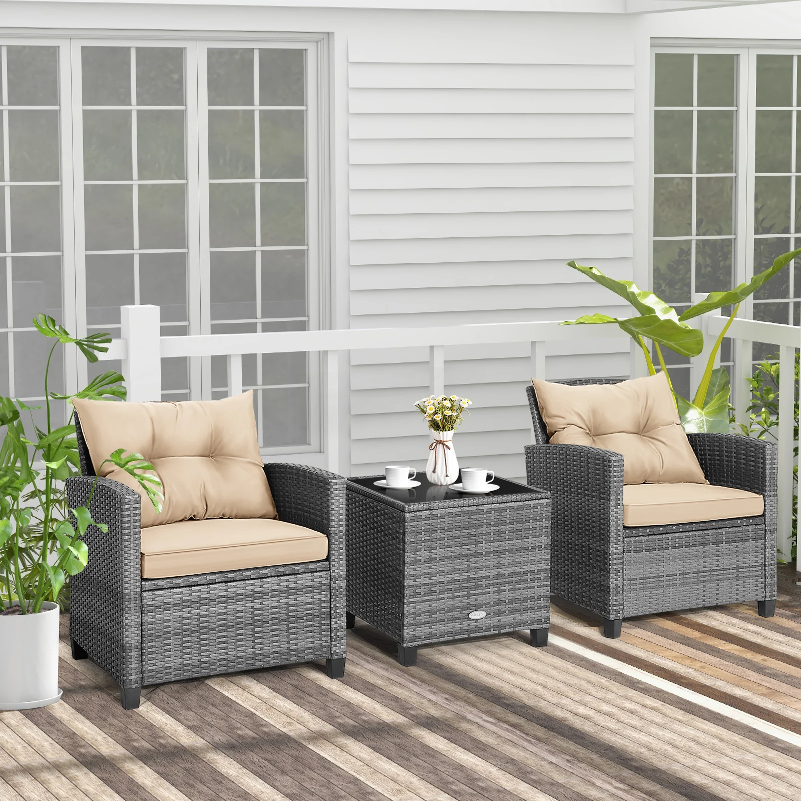 3 Piece Outdoor Wicker Conversation Set, Tempered Glass Tabletop, Beige - Image 3