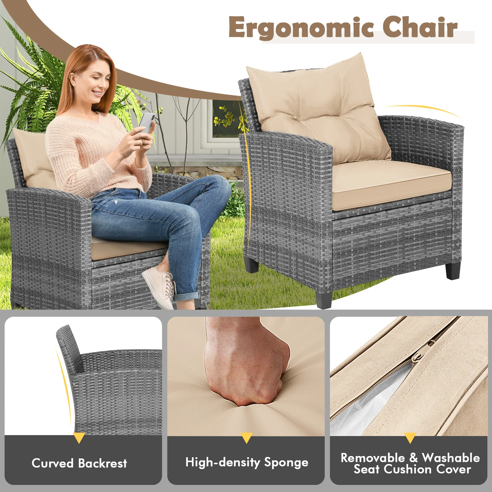 3 Piece Outdoor Wicker Conversation Set, Tempered Glass Tabletop, Beige - Image 7