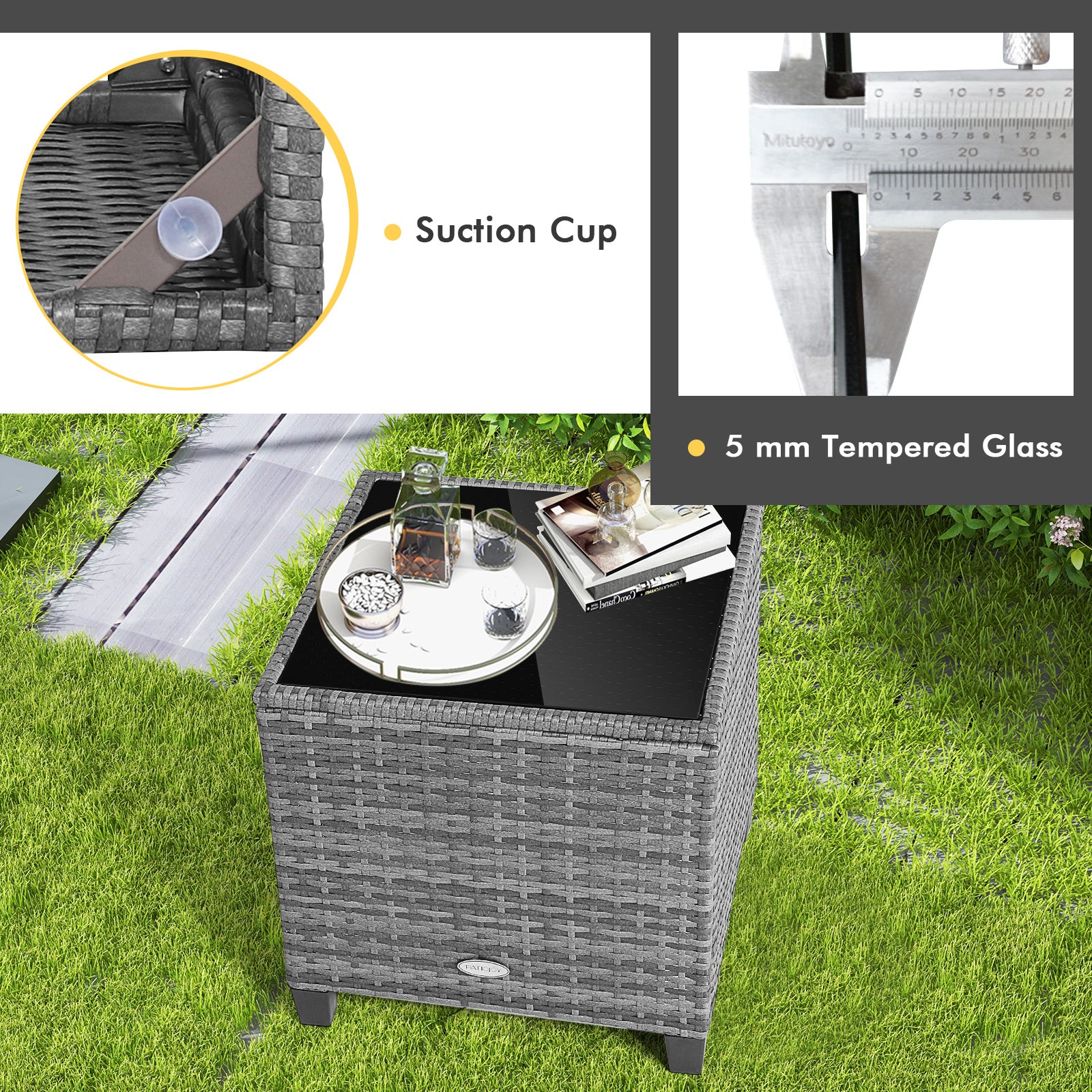 3 Piece Outdoor Wicker Conversation Set, Tempered Glass Tabletop, Beige - Image 8