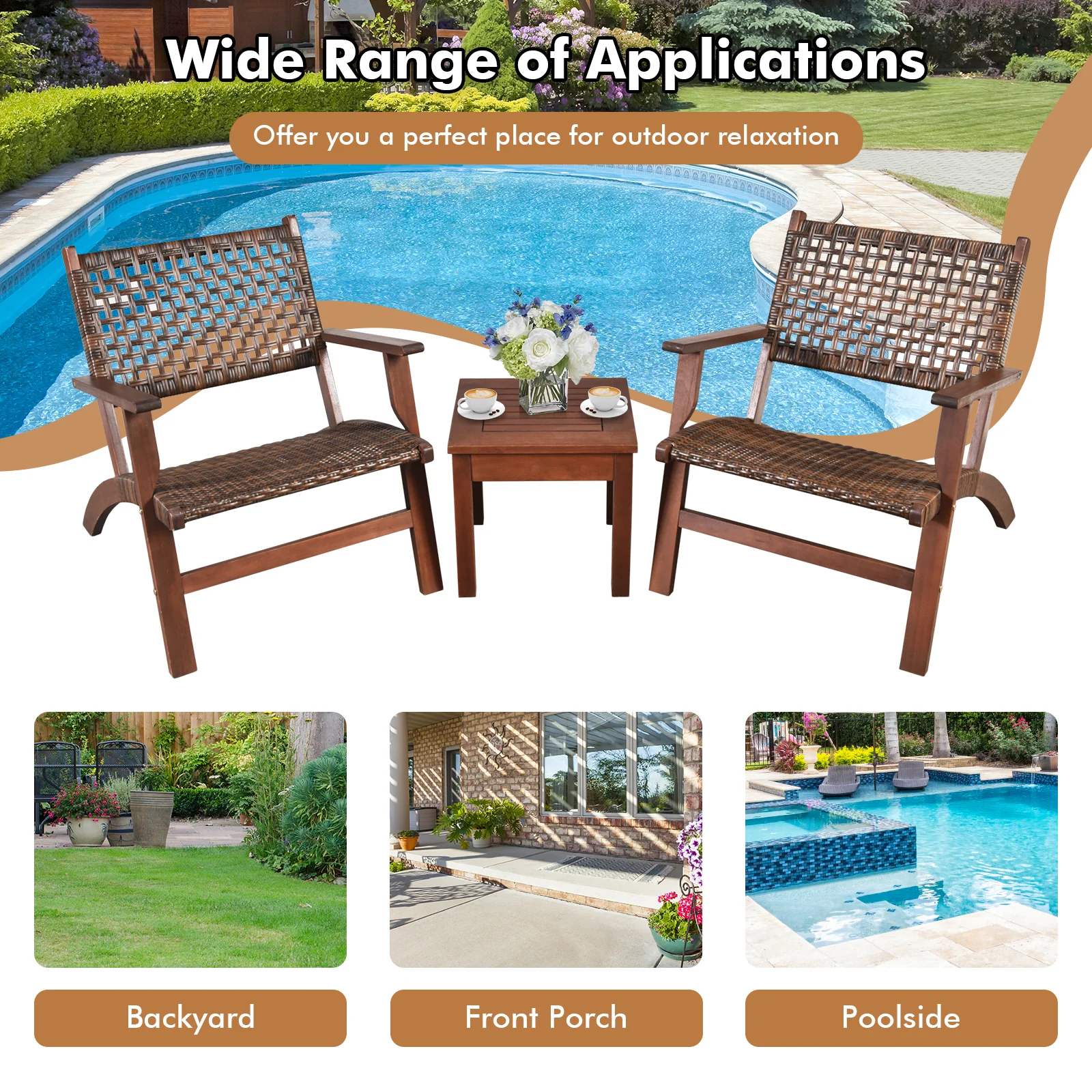 3 Piece Outdoor Wooden Rattan Patio Set, Brown - Image 10