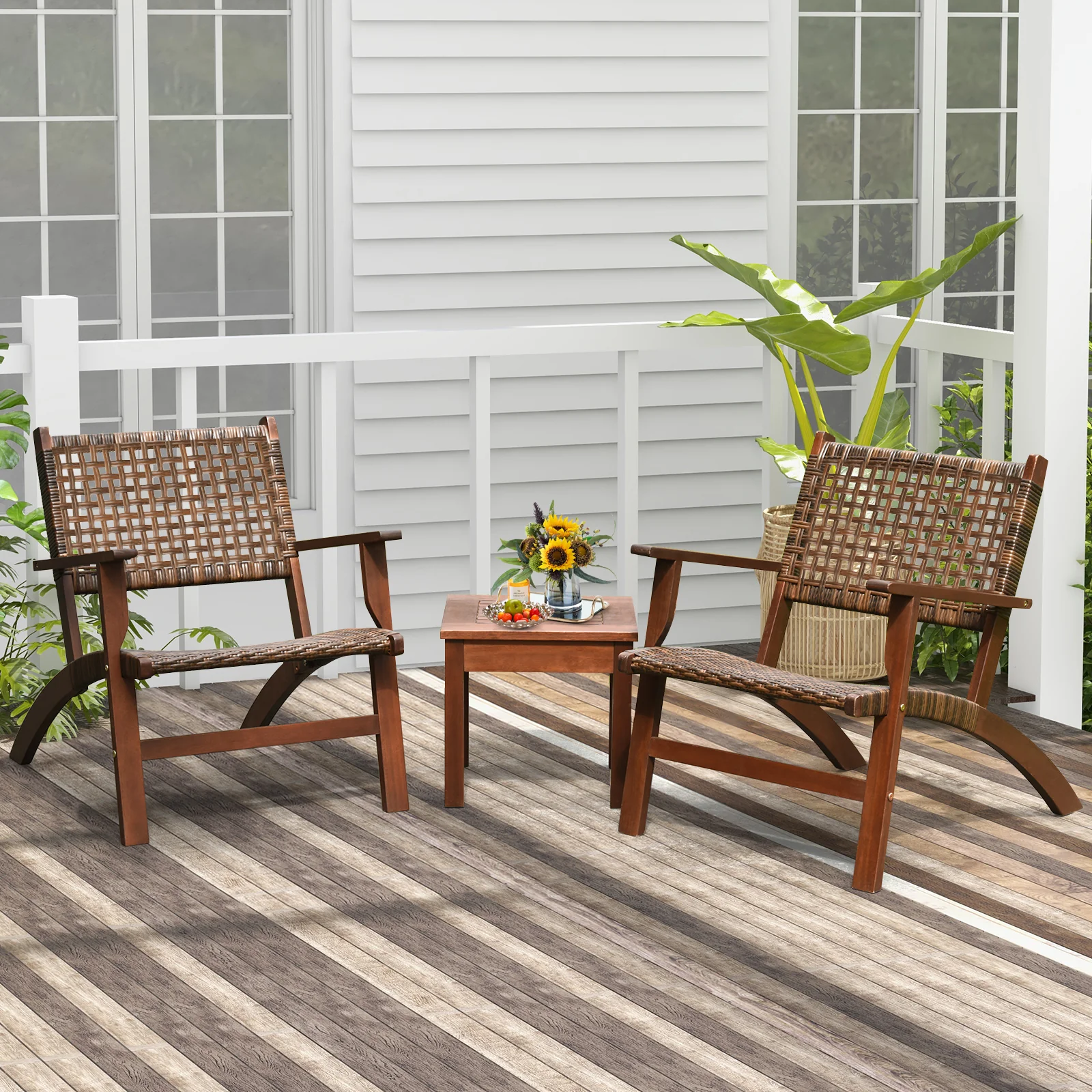 3 Piece Outdoor Wooden Rattan Patio Set, Brown - Image 3