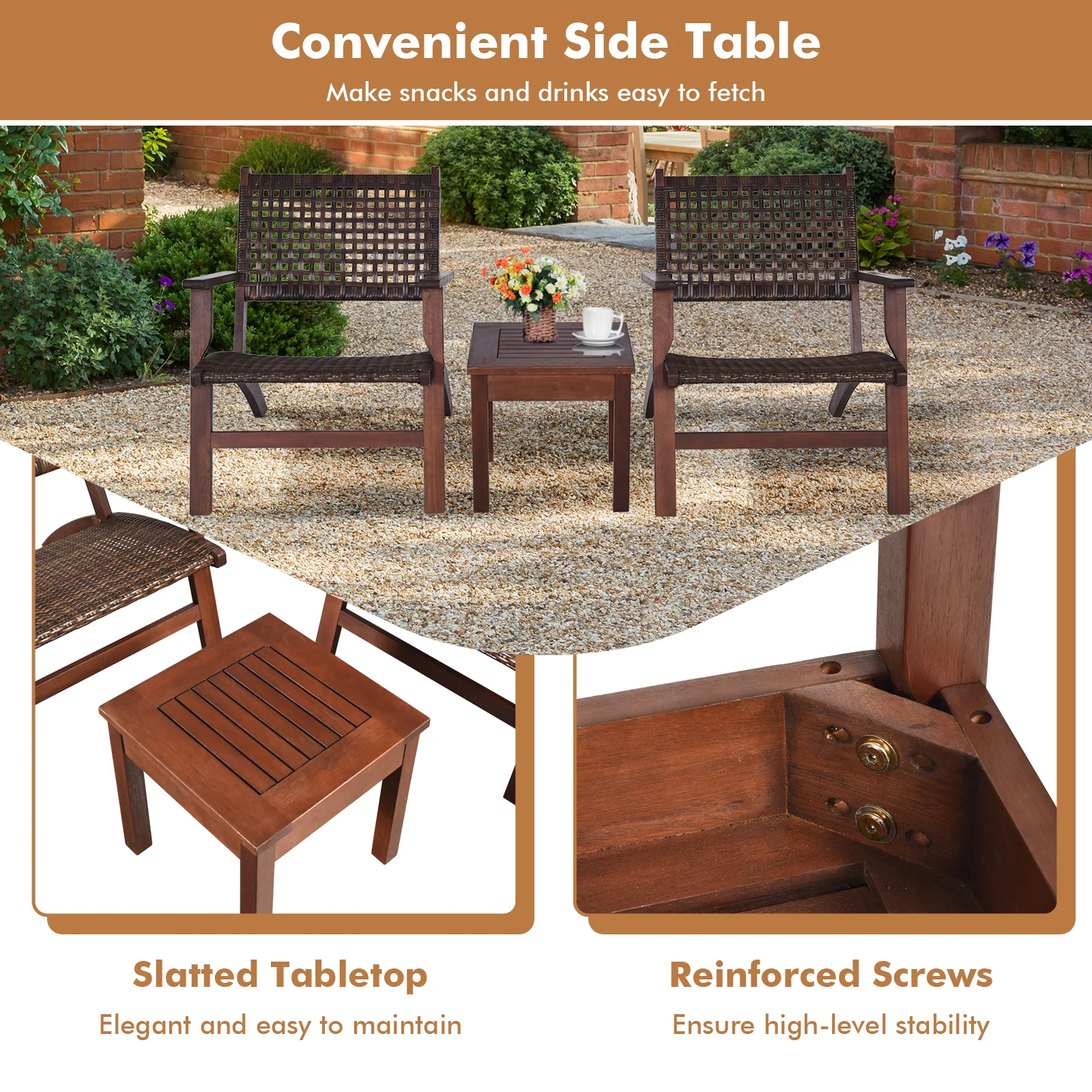 3 Piece Outdoor Wooden Rattan Patio Set, Brown - Image 4