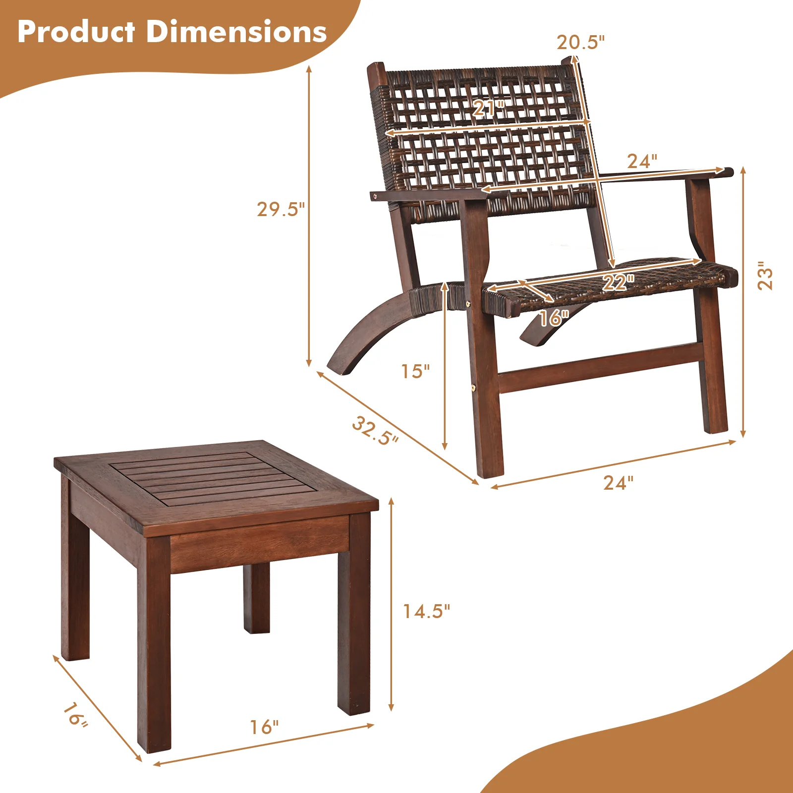 3 Piece Outdoor Wooden Rattan Patio Set, Brown - Image 5