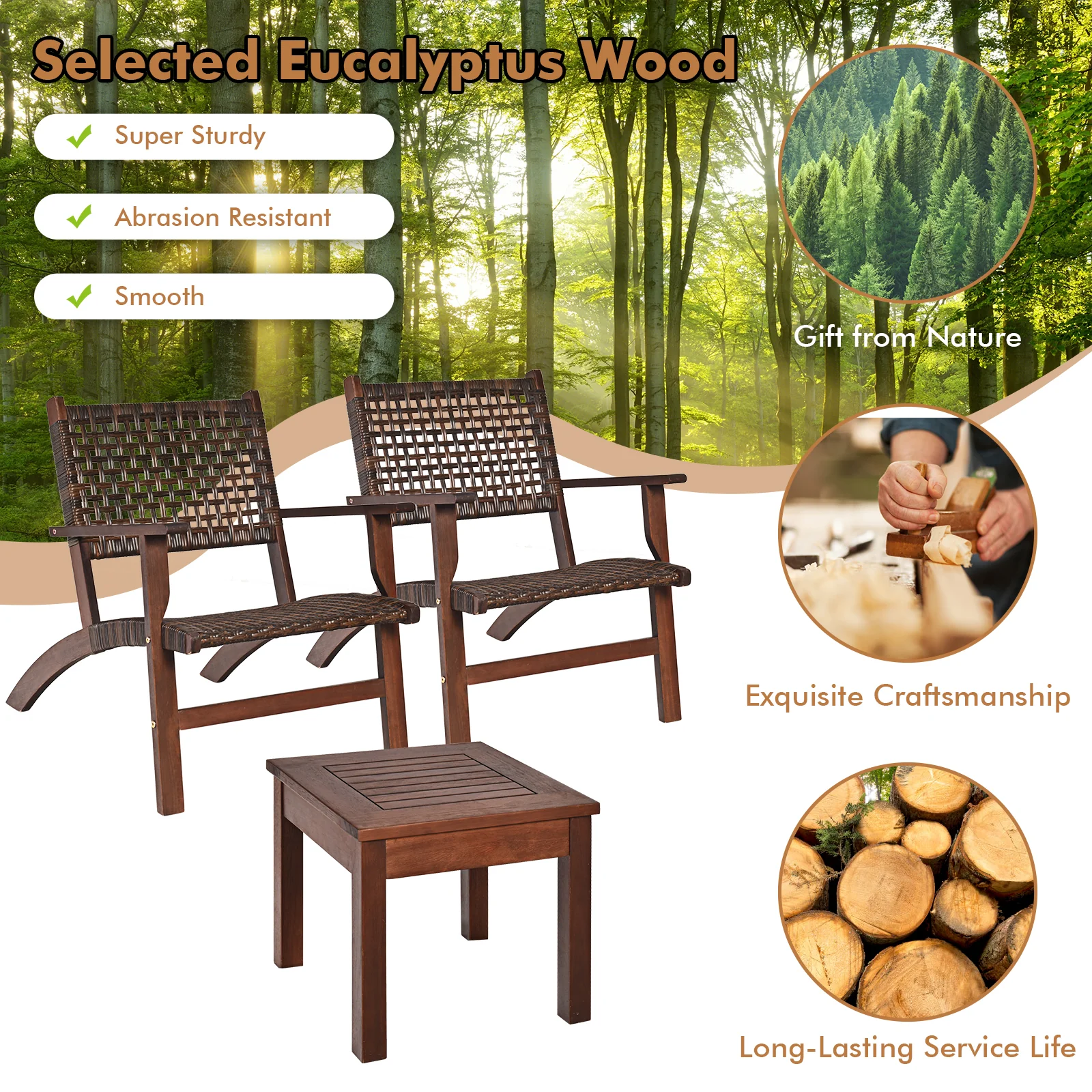 3 Piece Outdoor Wooden Rattan Patio Set, Brown - Image 6