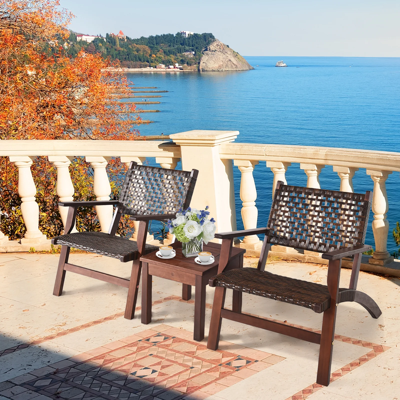 3 Piece Outdoor Wooden Rattan Patio Set, Brown - Image 7