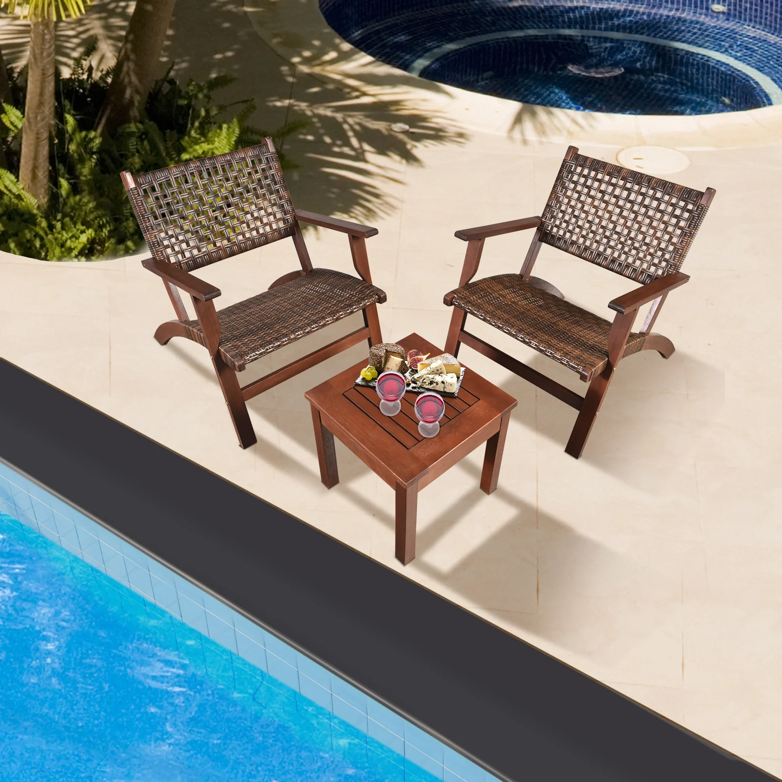 3 Piece Outdoor Wooden Rattan Patio Set, Brown - Image 8