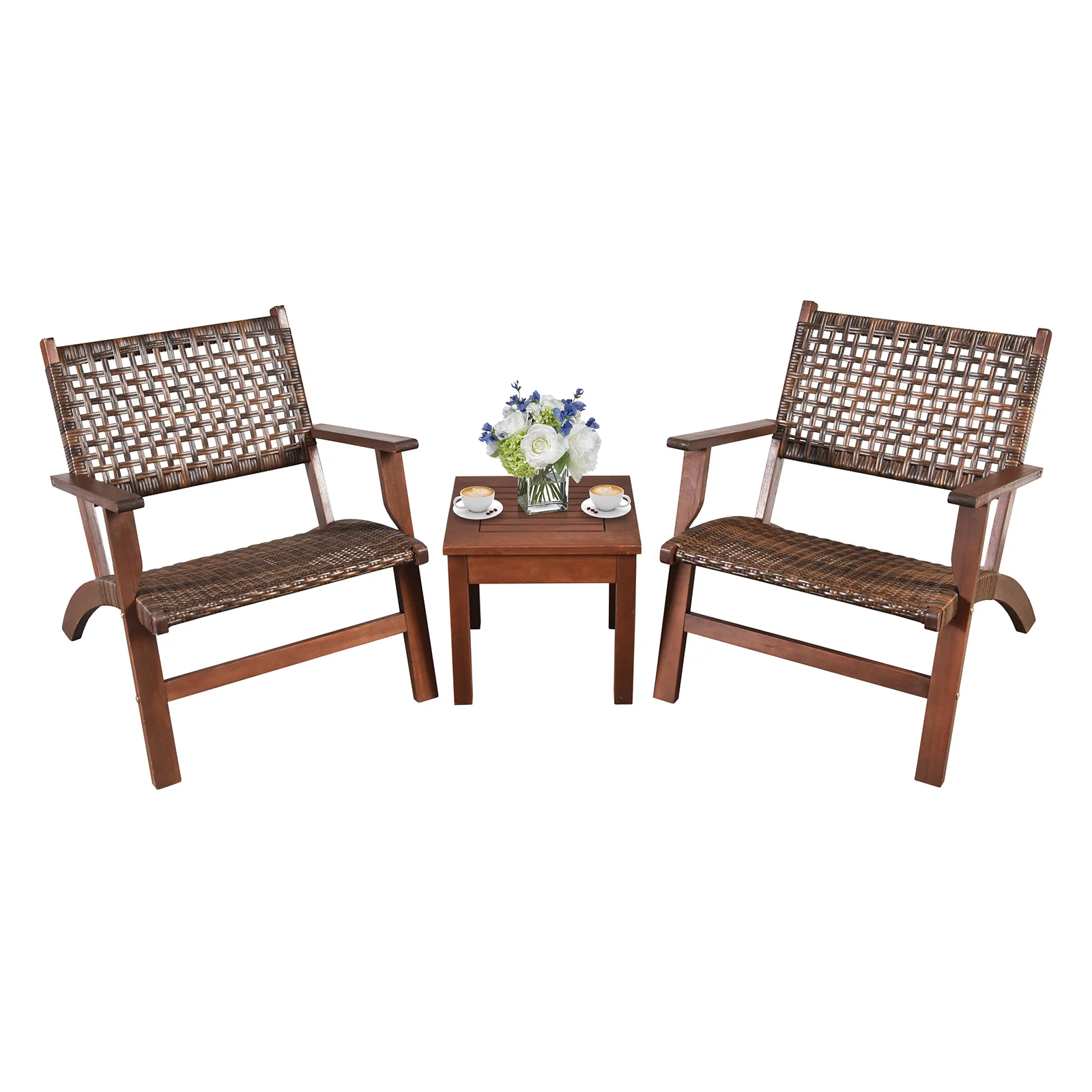 3 Piece Outdoor Wooden Rattan Patio Set, Brown - Image 9