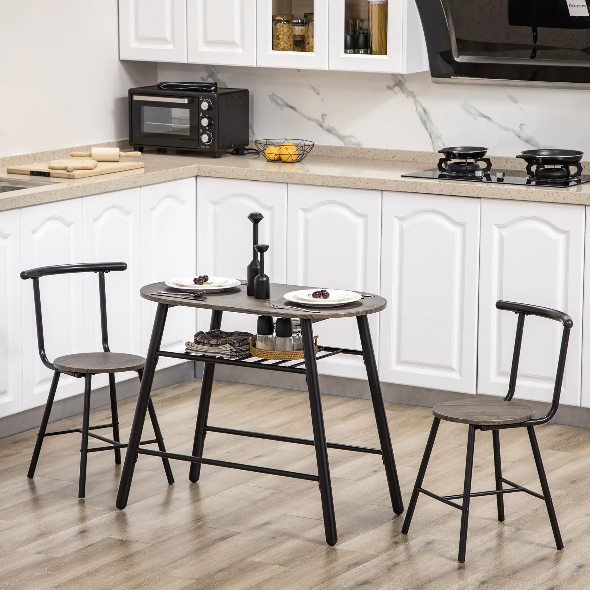 3-Piece Oval Dining Table Set, 2 Chairs, Metal Frame, 35.4" x 19.7" x 29.5" - Image 2