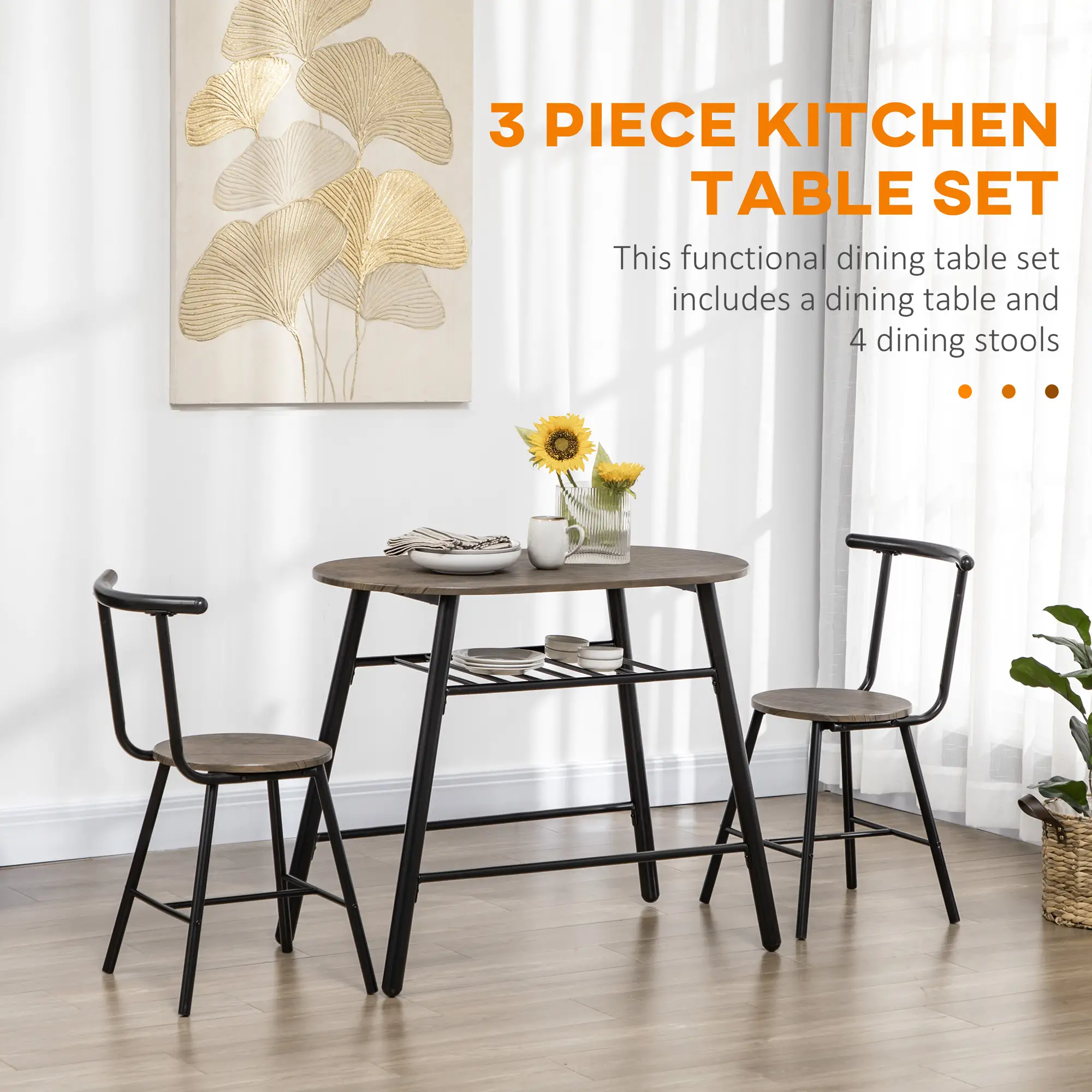 3-Piece Oval Dining Table Set, 2 Chairs, Metal Frame, 35.4" x 19.7" x 29.5" - Image 4