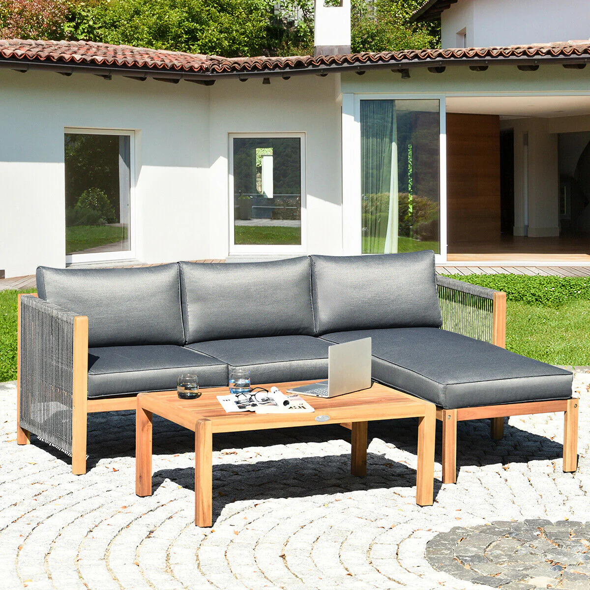 3 Piece Patio Acacia Sofa Set, Gray - Image 2