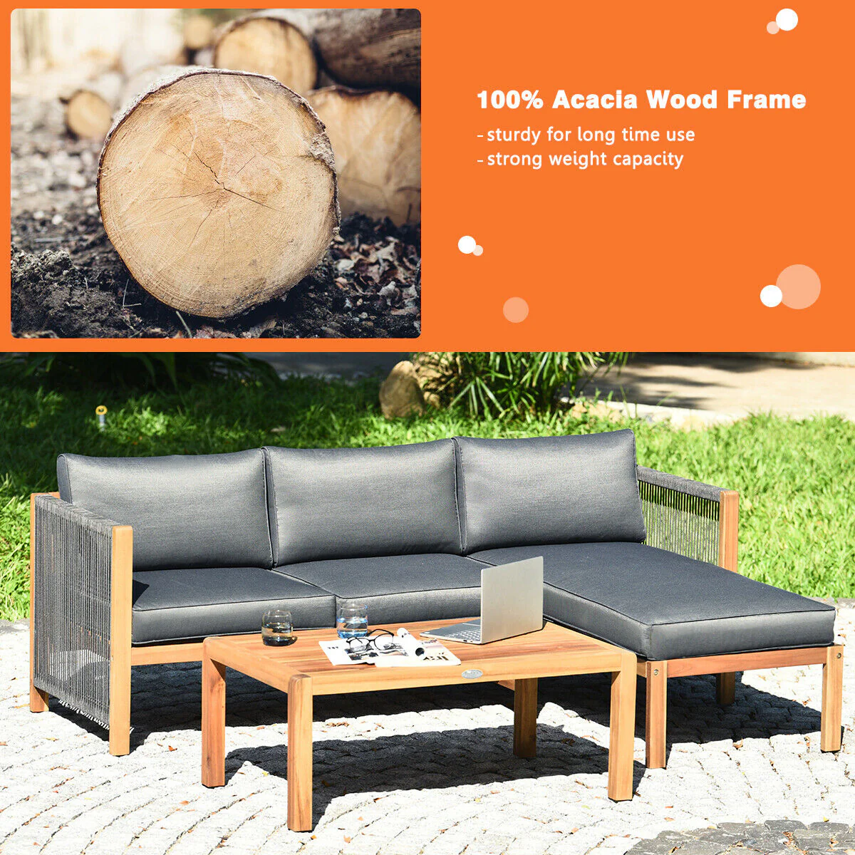 3 Piece Patio Acacia Sofa Set, Gray - Image 3