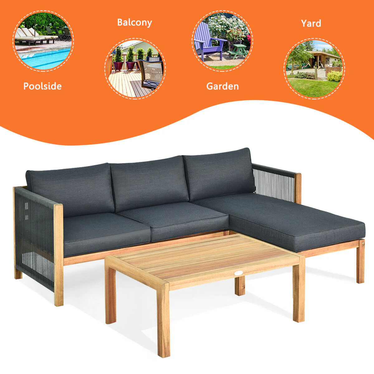3 Piece Patio Acacia Sofa Set, Gray - Image 6