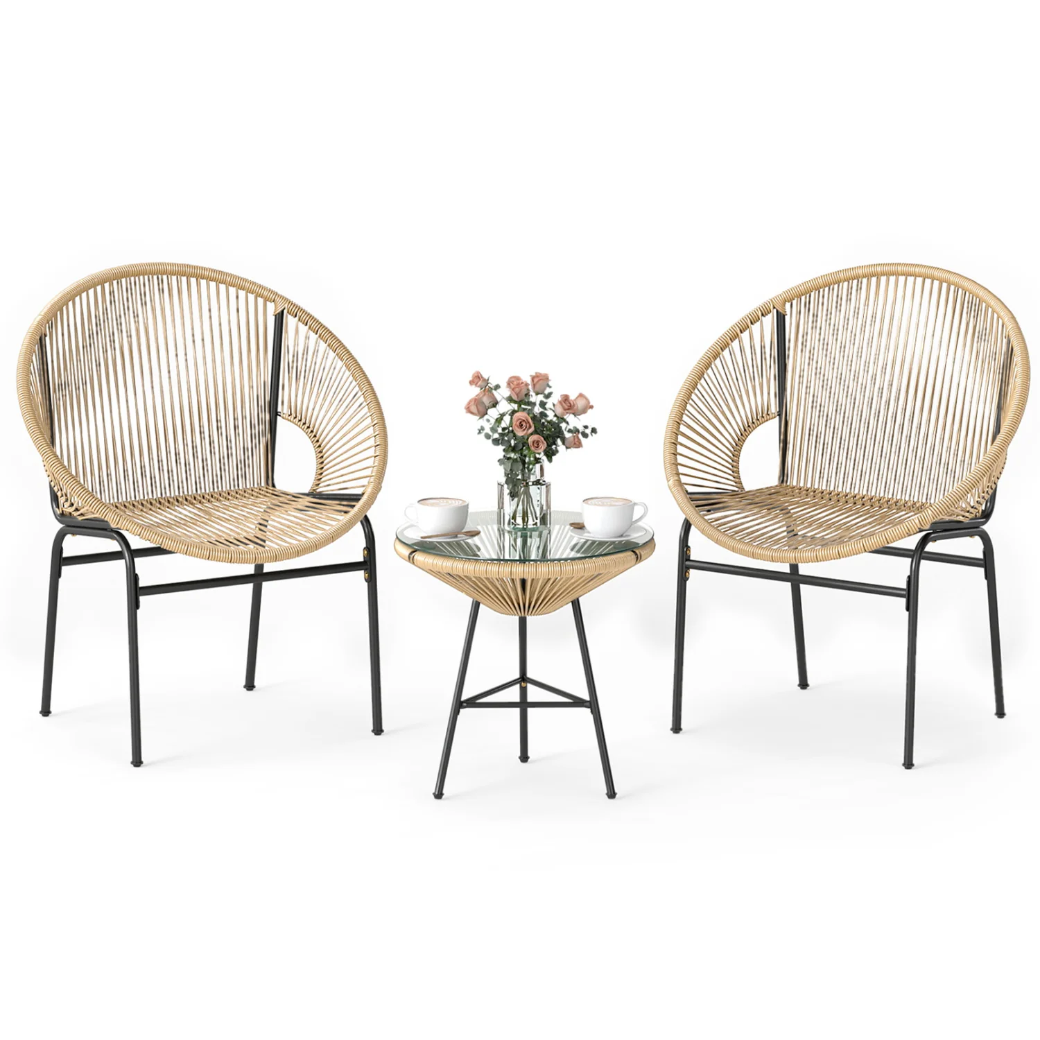 3 Piece Patio Acapulco Bistro Set, Glass Table, Brown