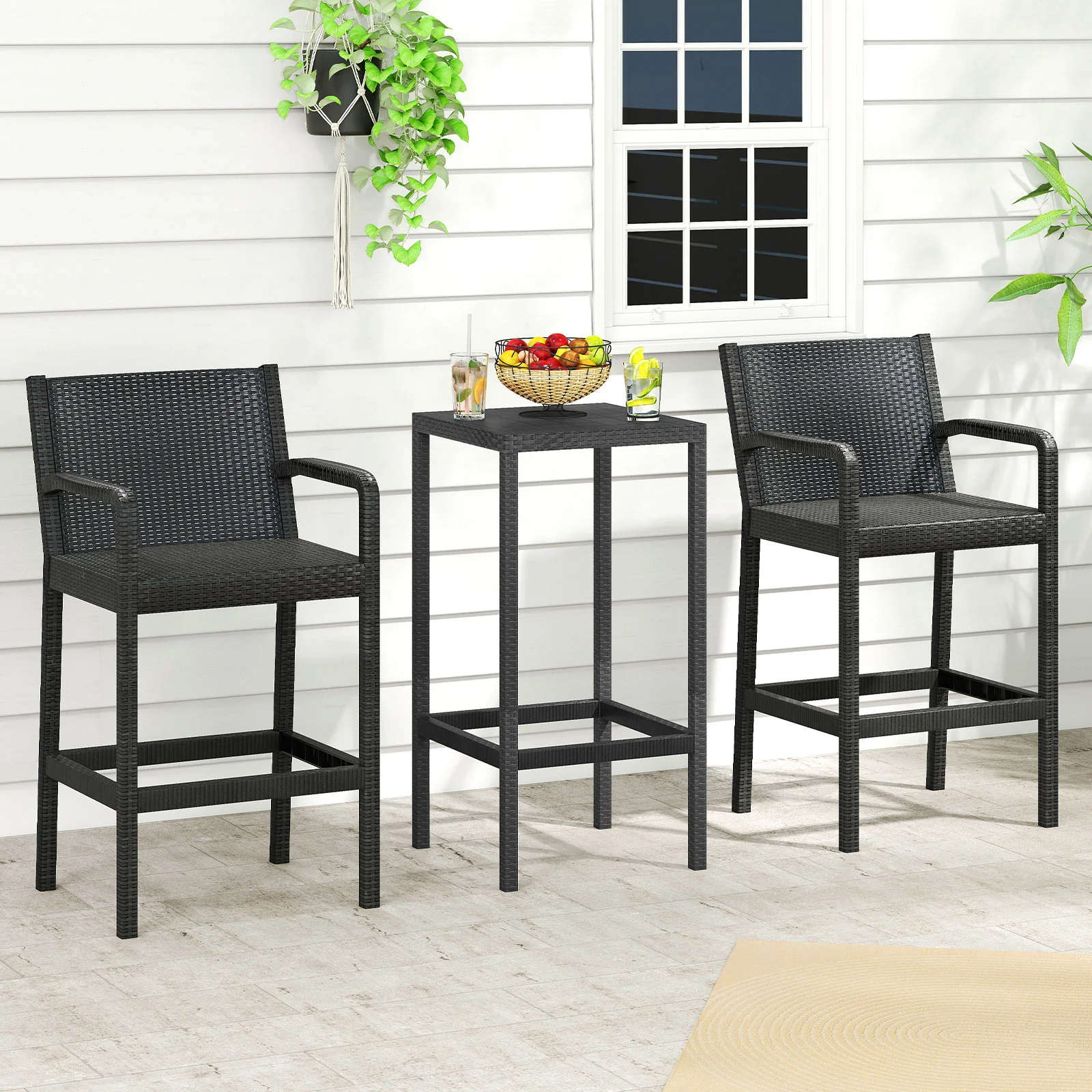3 Piece Patio Bar Set, 2 Stools 1 Table, Black - Image 2