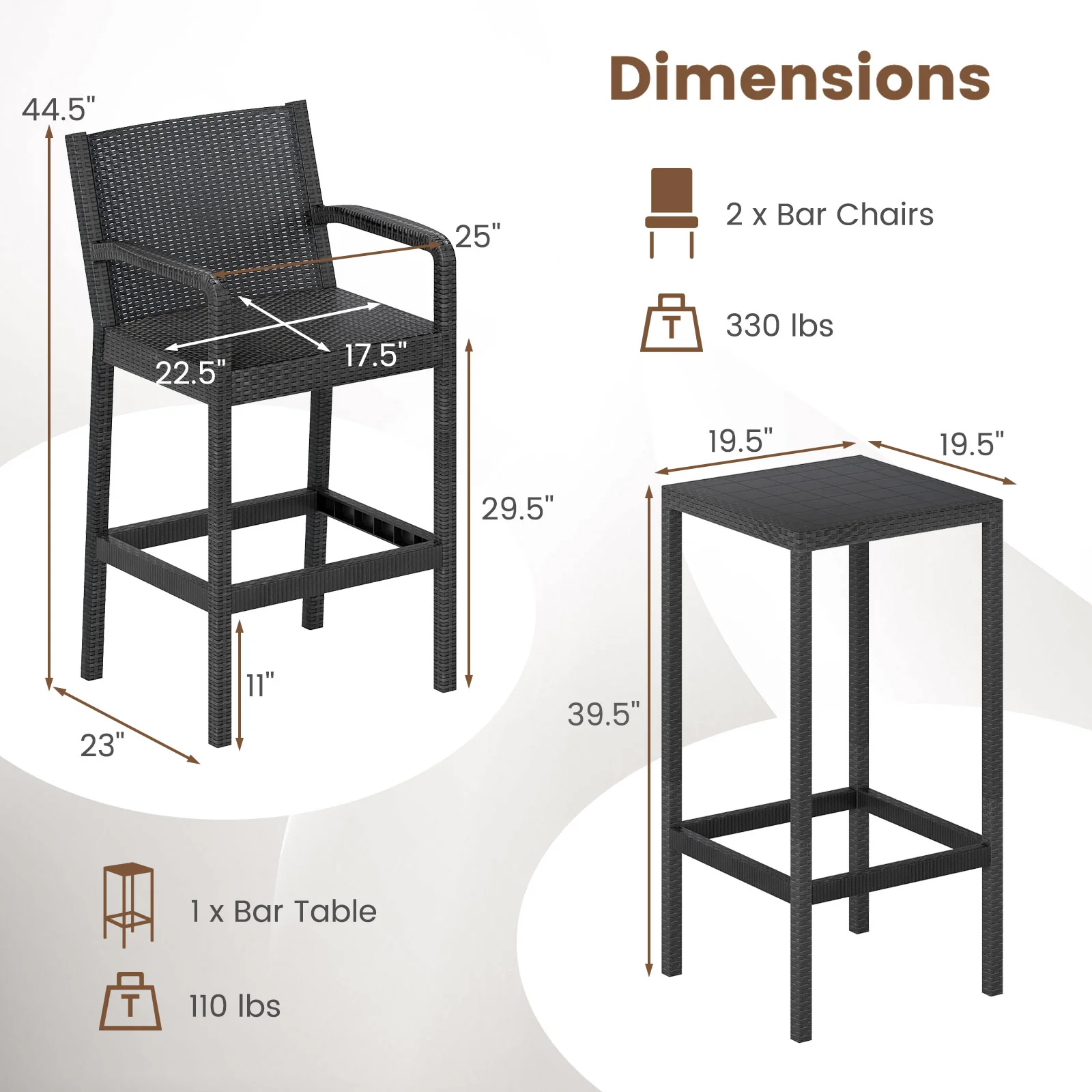 3 Piece Patio Bar Set, 2 Stools 1 Table, Black - Image 5