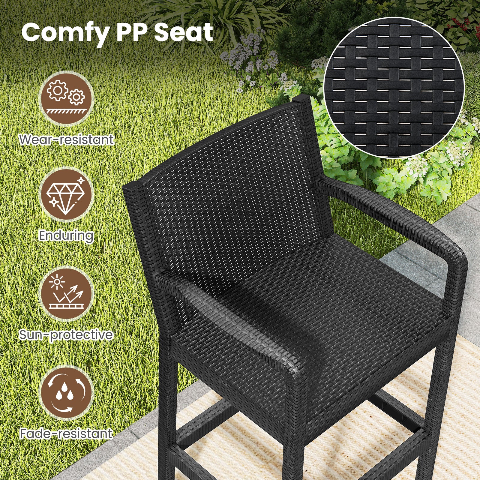 3 Piece Patio Bar Set, 2 Stools 1 Table, Black - Image 8