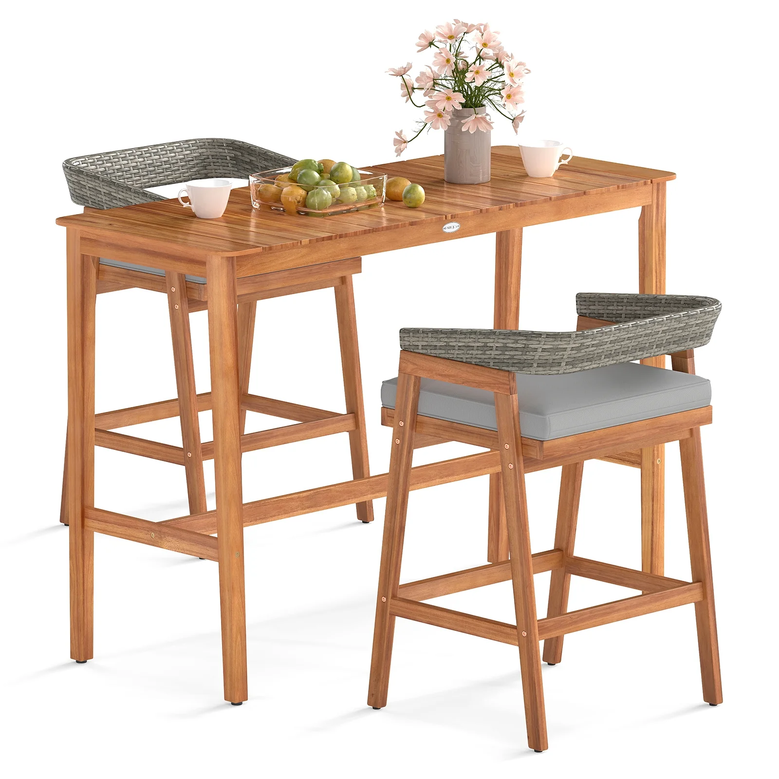 3-Piece Patio Bar Set, Counter Height, 2 Cushioned Barstools