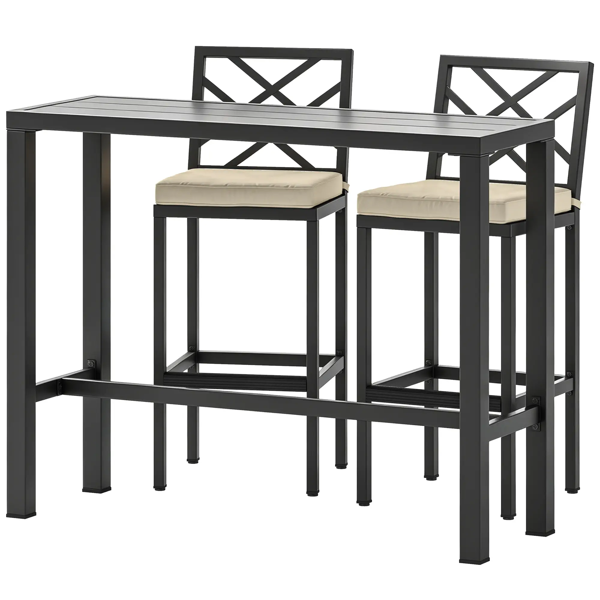 3 Piece Patio Bar Set, Outdoor Bar Table and Stools, Electrophoresis Steel Tabletop, X Back, Footrest, Cushions, Khaki