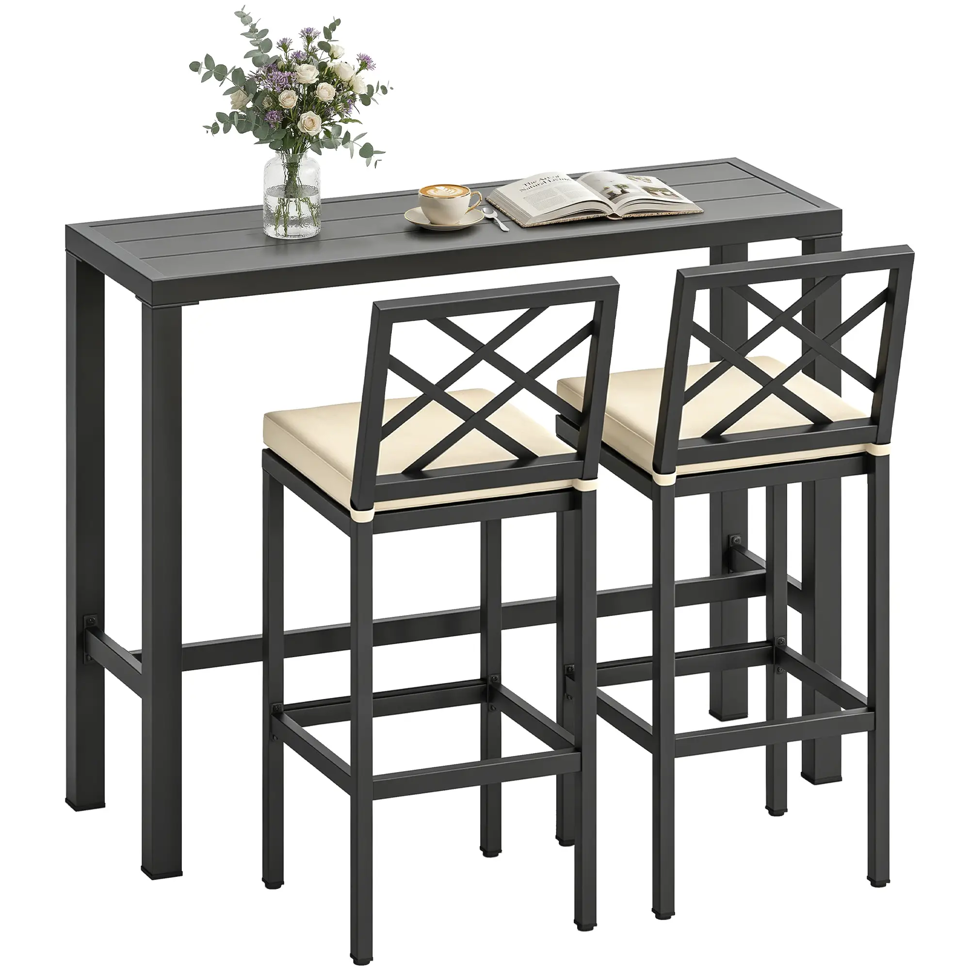 3 Piece Patio Bar Set, Outdoor Bar Table and Stools, Electrophoresis Steel Tabletop, X Back, Footrest, Cushions, Khaki - Image 11