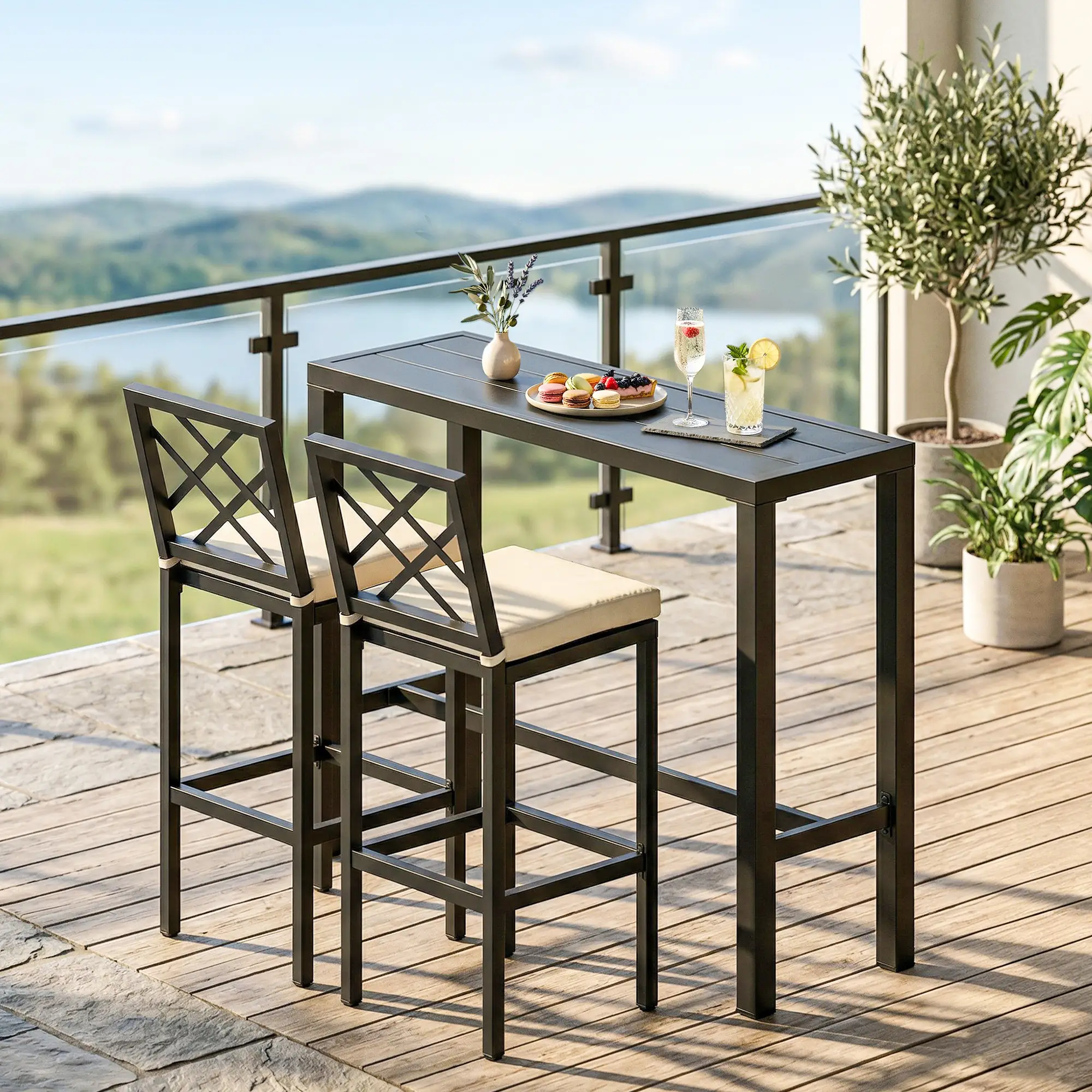 3 Piece Patio Bar Set, Outdoor Bar Table and Stools, Electrophoresis Steel Tabletop, X Back, Footrest, Cushions, Khaki - Image 2