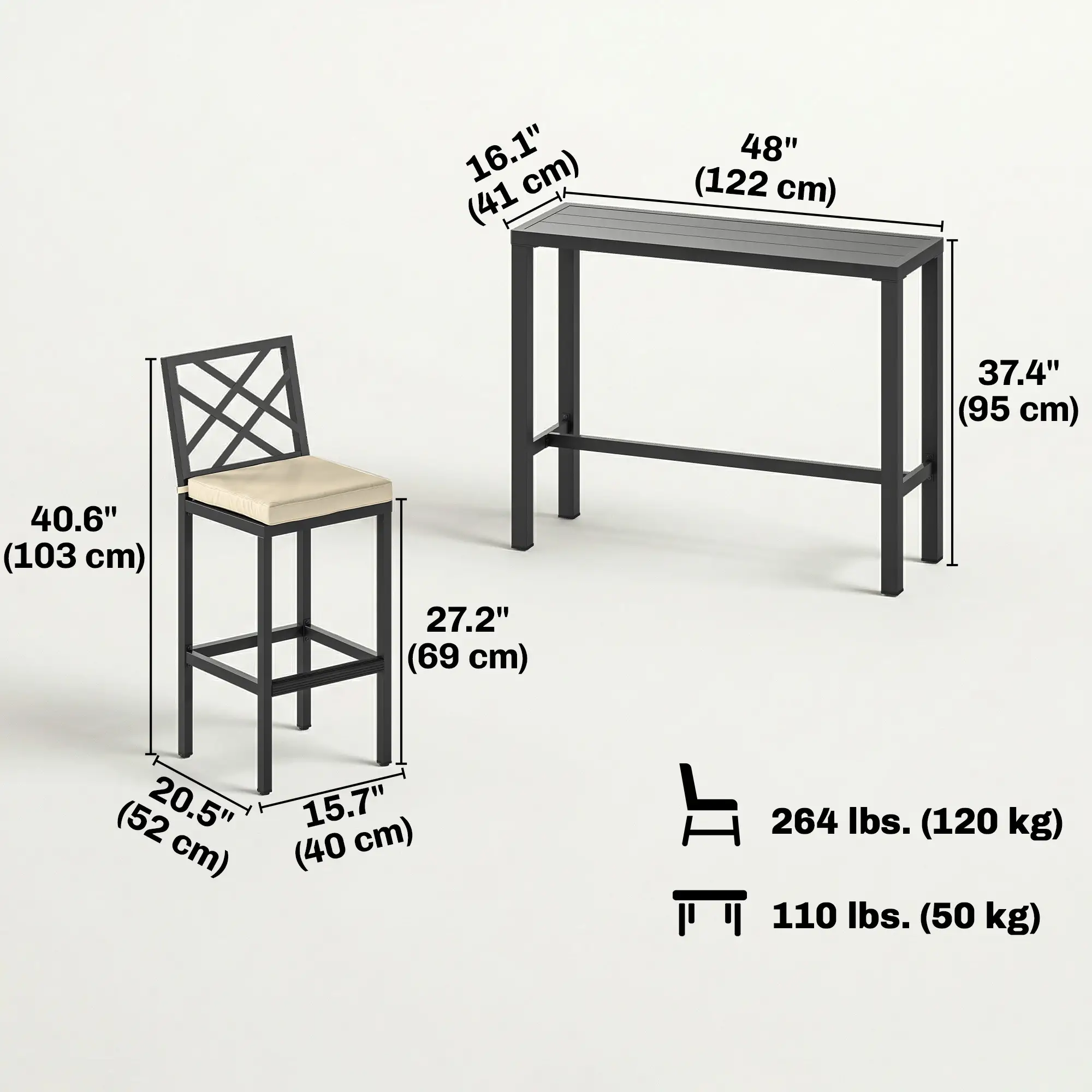 3 Piece Patio Bar Set, Outdoor Bar Table and Stools, Electrophoresis Steel Tabletop, X Back, Footrest, Cushions, Khaki - Image 3