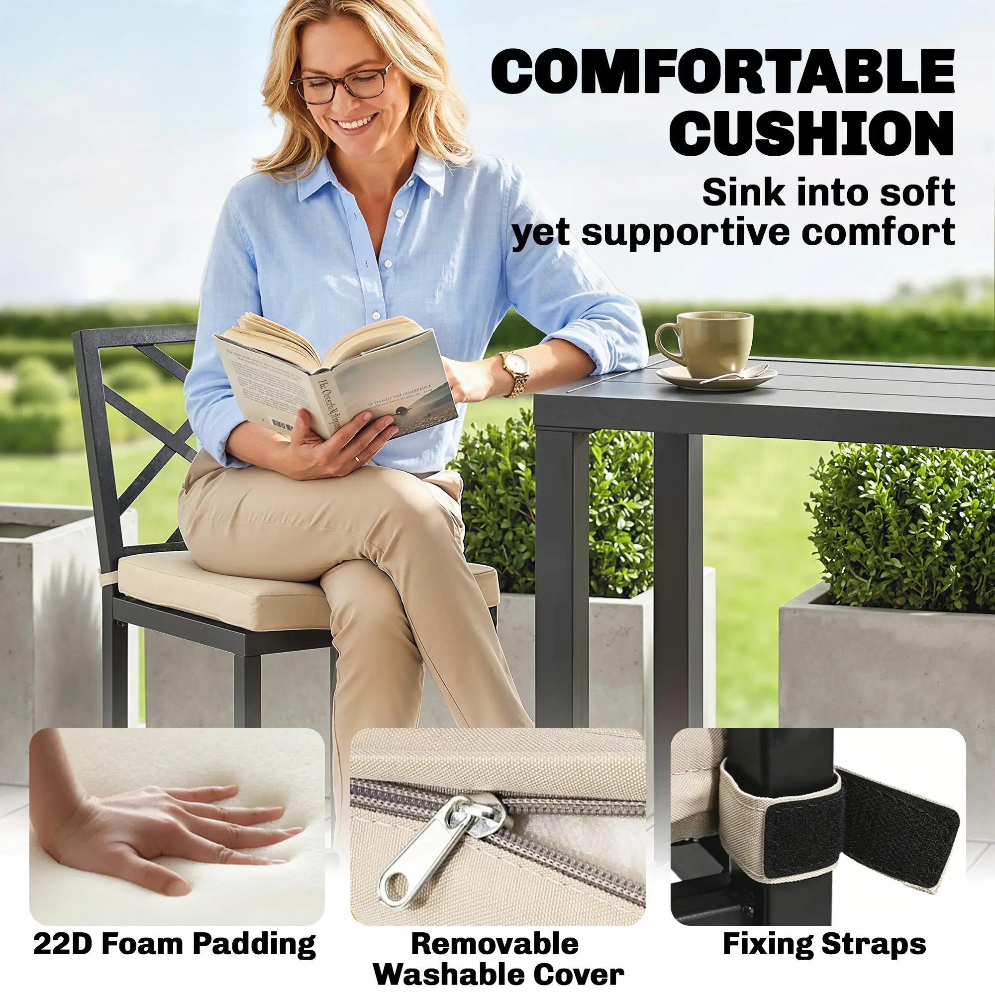3 Piece Patio Bar Set, Outdoor Bar Table and Stools, Electrophoresis Steel Tabletop, X Back, Footrest, Cushions, Khaki - Image 5