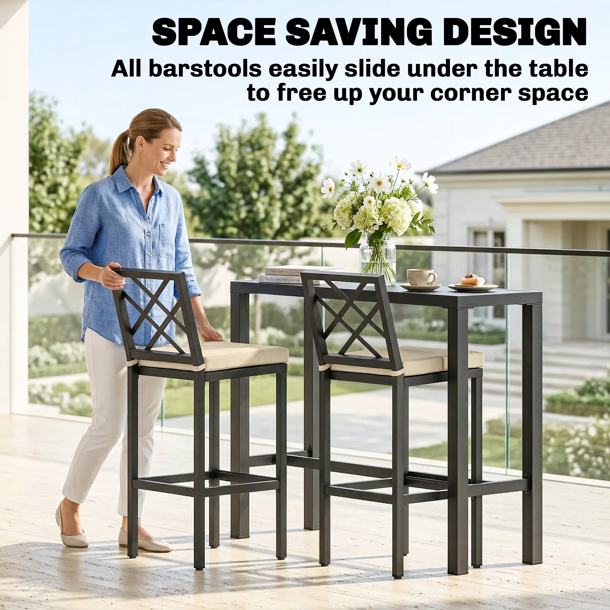 3 Piece Patio Bar Set, Outdoor Bar Table and Stools, Electrophoresis Steel Tabletop, X Back, Footrest, Cushions, Khaki - Image 6