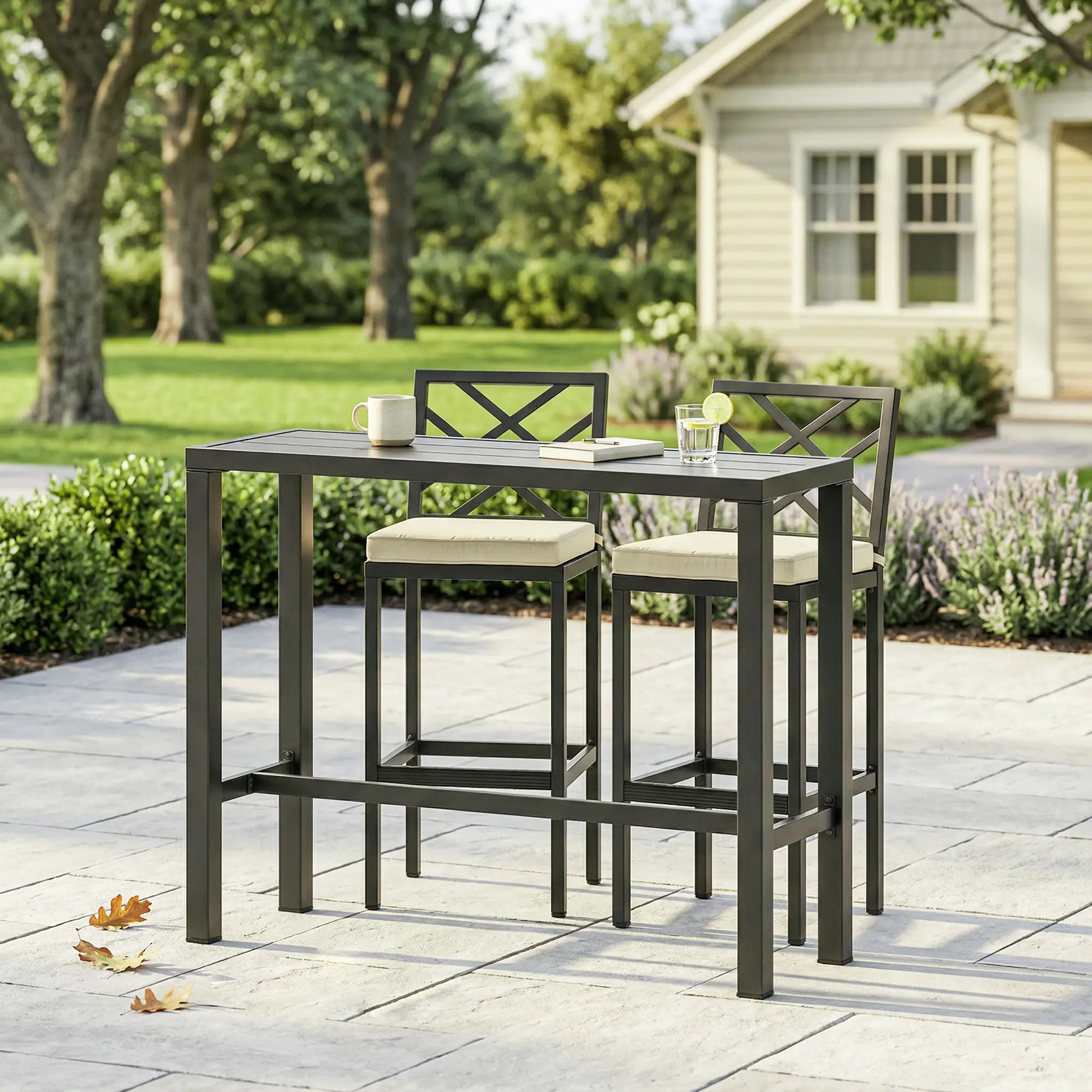 3 Piece Patio Bar Set, Outdoor Bar Table and Stools, Electrophoresis Steel Tabletop, X Back, Footrest, Cushions, Khaki - Image 8
