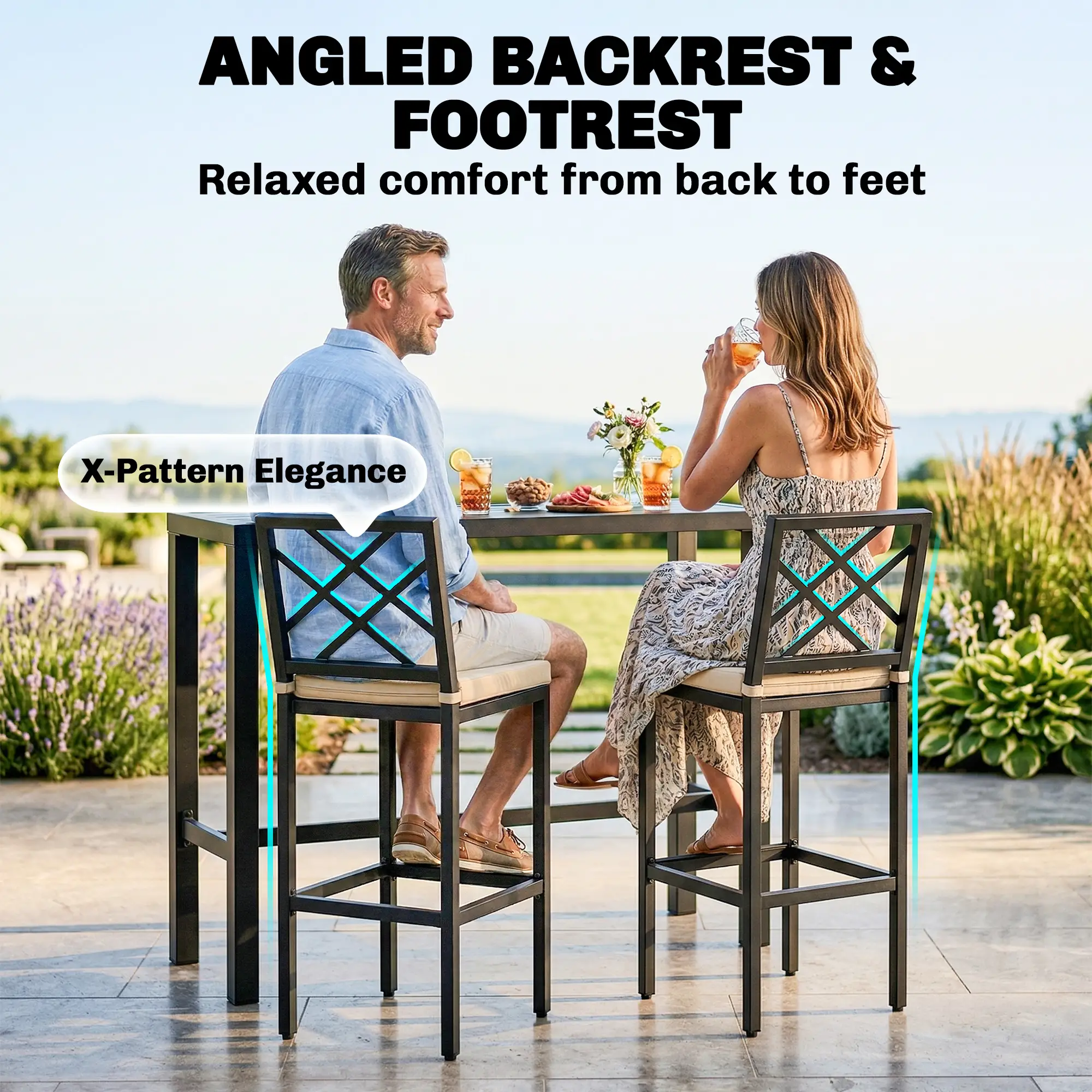 3 Piece Patio Bar Set, Outdoor Bar Table and Stools, Electrophoresis Steel Tabletop, X Back, Footrest, Cushions, Khaki - Image 9