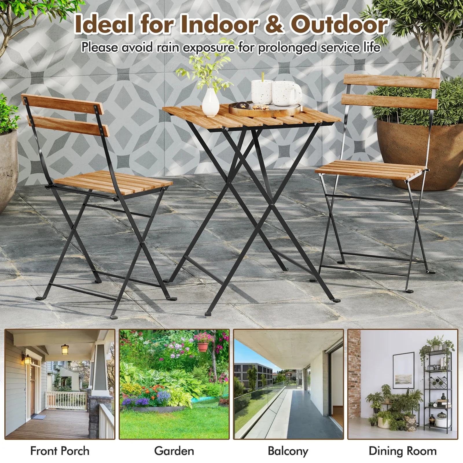 3 Piece Patio Bistro Set, Acacia Wood, Slatted Seat, Brown - Image 10