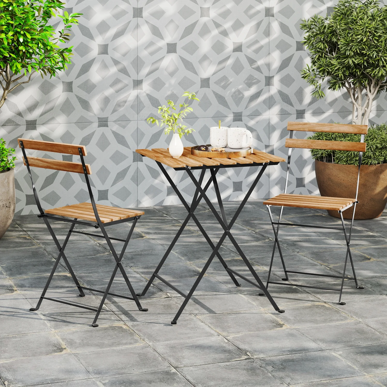 3 Piece Patio Bistro Set, Acacia Wood, Slatted Seat, Brown - Image 2
