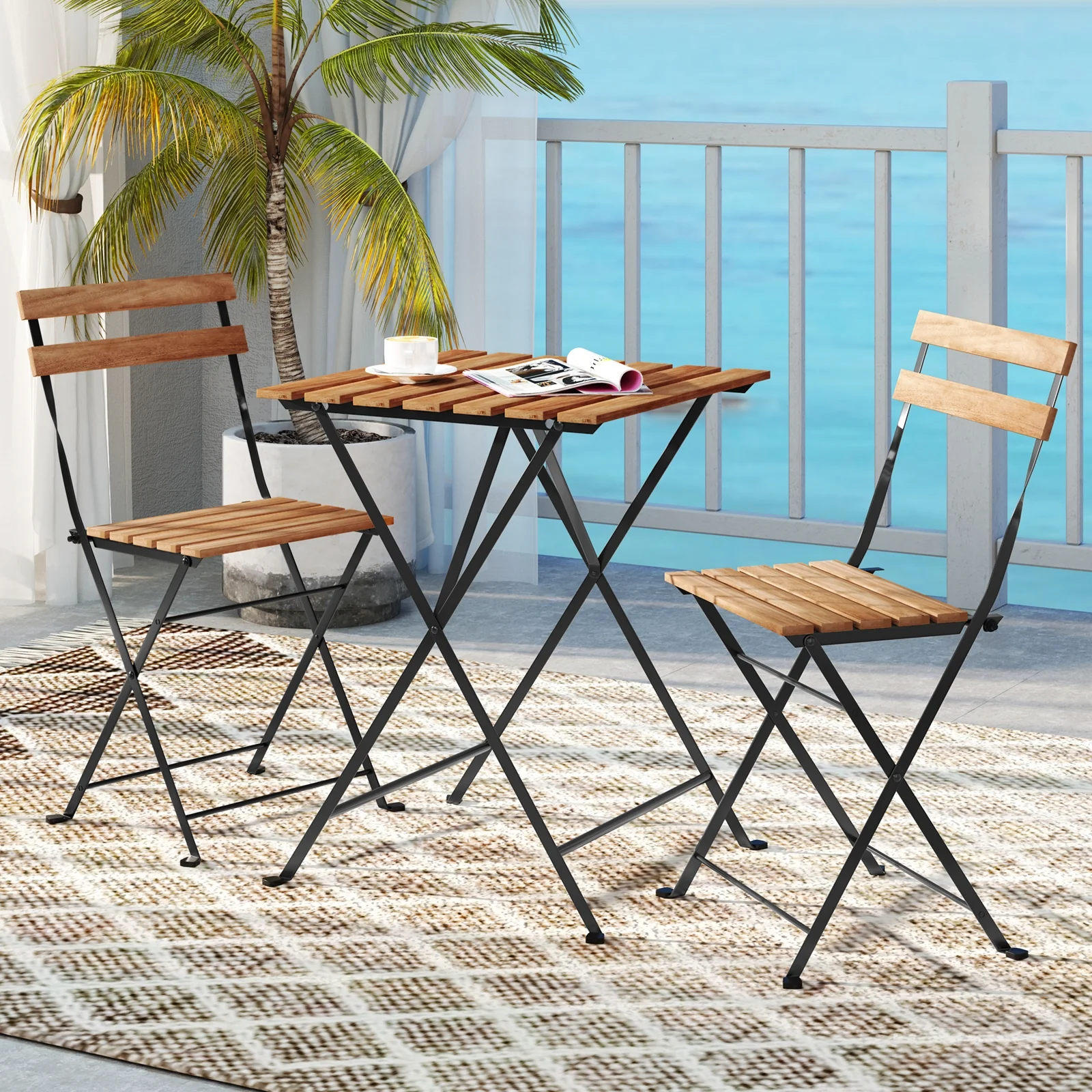 3 Piece Patio Bistro Set, Acacia Wood, Slatted Seat, Brown - Image 3