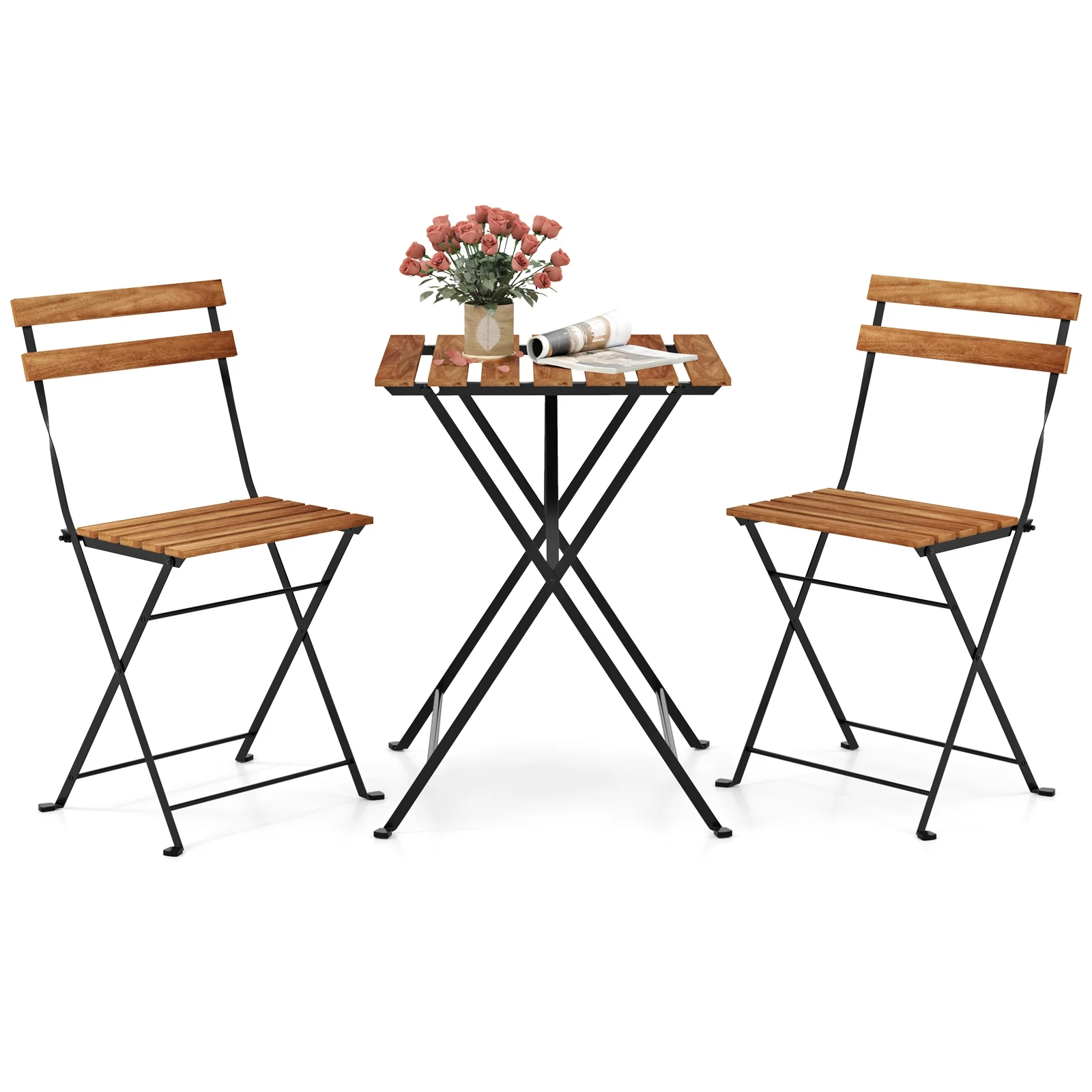 3 Piece Patio Bistro Set, Acacia Wood, Slatted Seat, Brown - Image 5