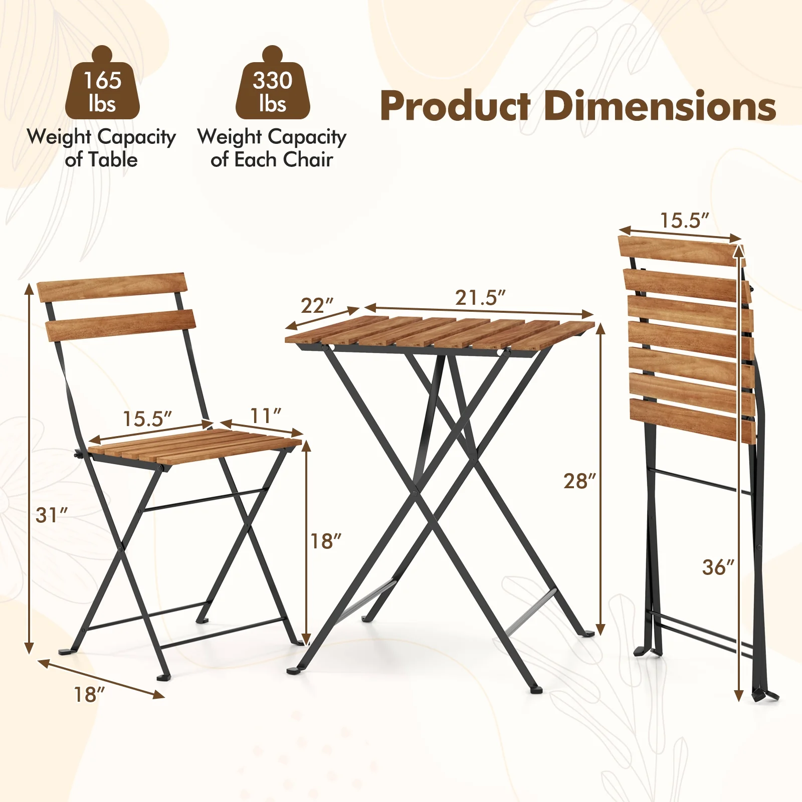 3 Piece Patio Bistro Set, Acacia Wood, Slatted Seat, Brown - Image 6