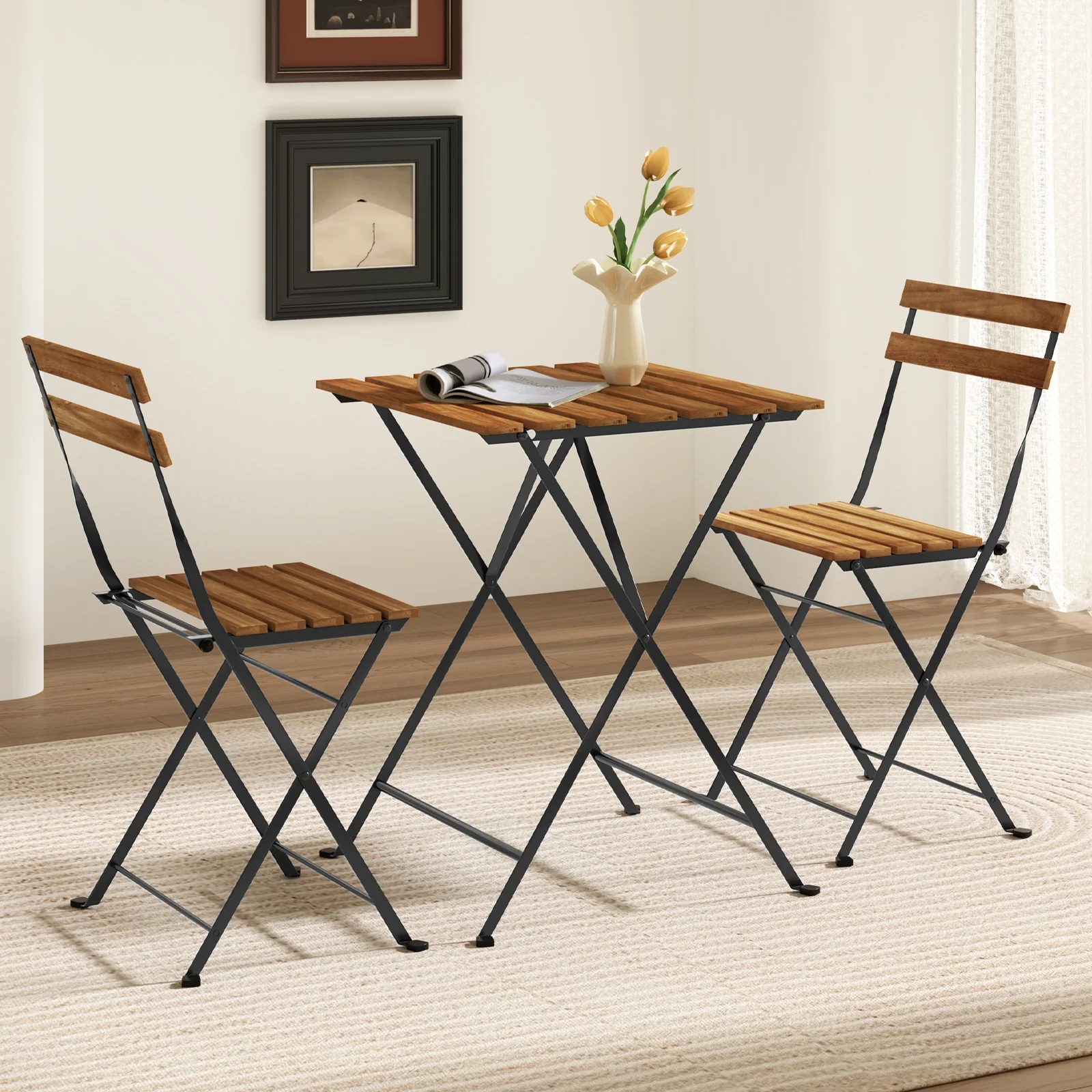 3 Piece Patio Bistro Set, Acacia Wood, Slatted Seat, Brown - Image 7