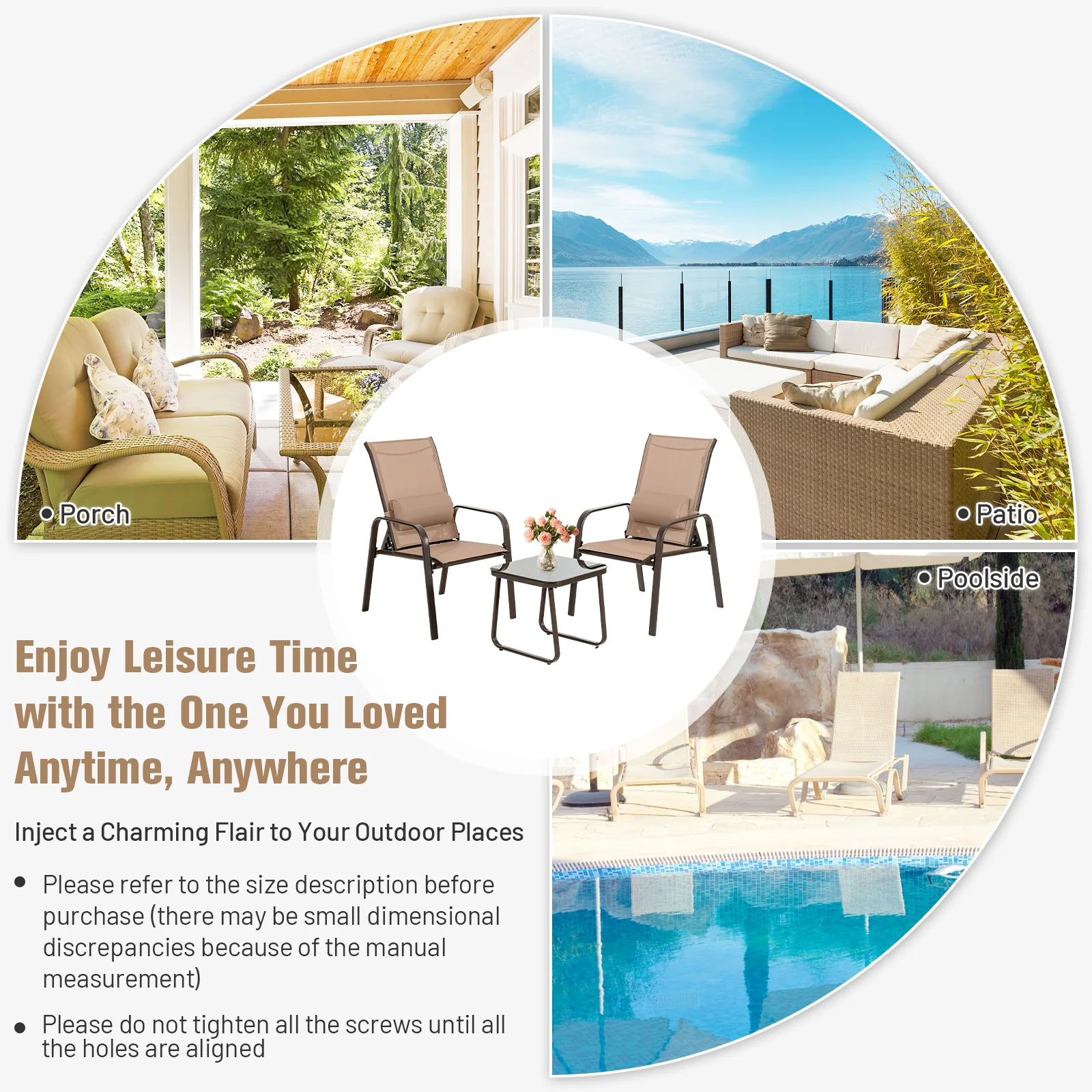 3 Piece Patio Bistro Set, Adjustable Backrest, Brown - Image 10