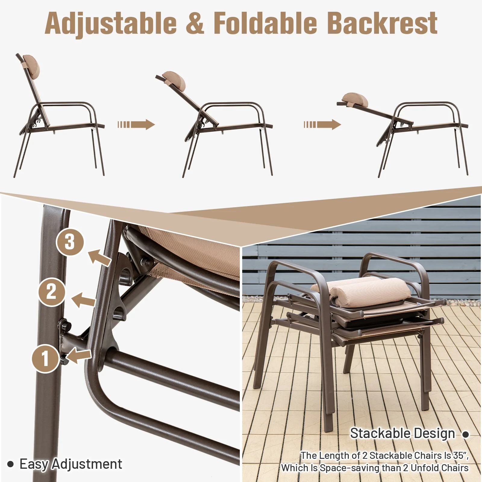 3 Piece Patio Bistro Set, Adjustable Backrest, Brown - Image 5