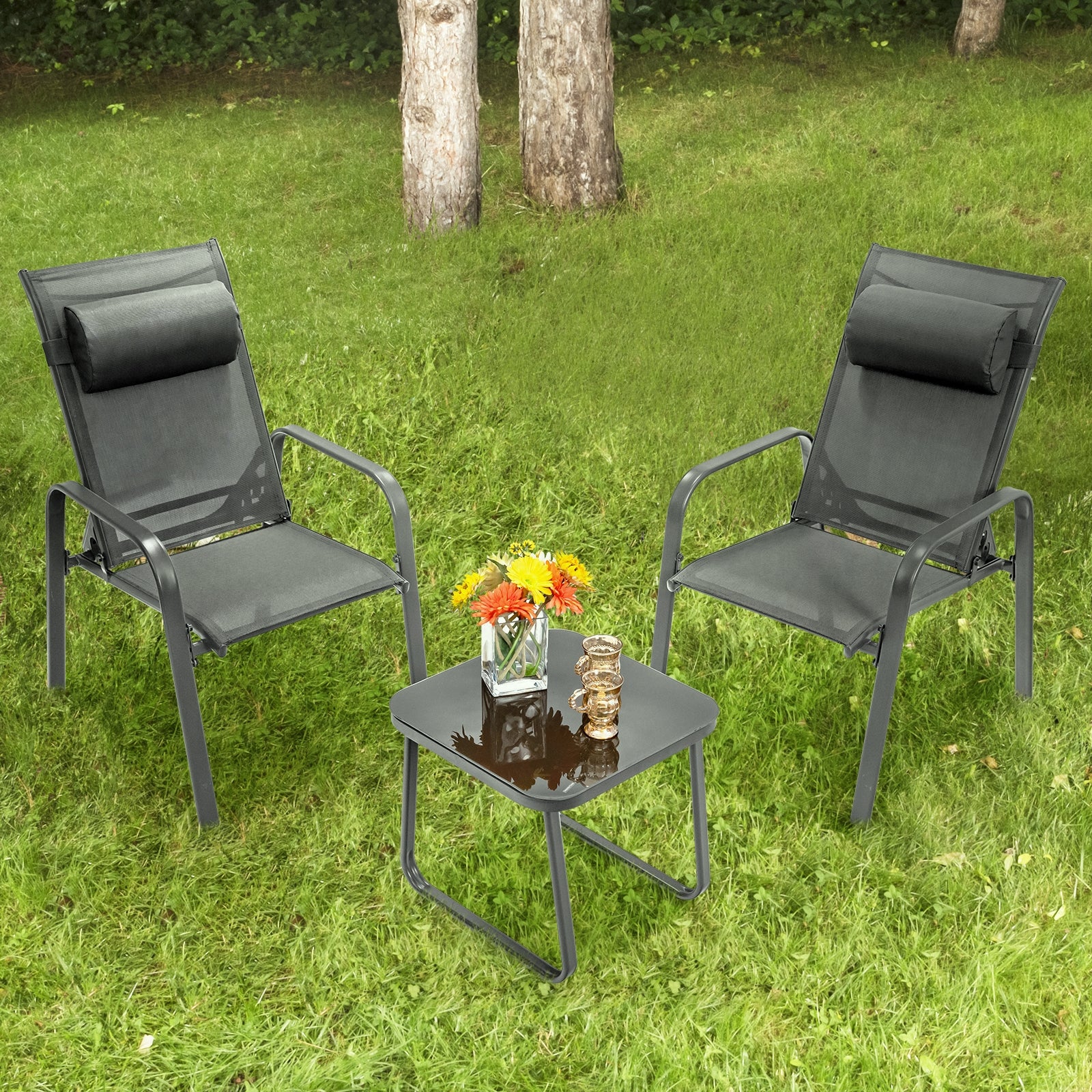 3 Piece Patio Bistro Set, Adjustable Backrest, Gray - Image 2