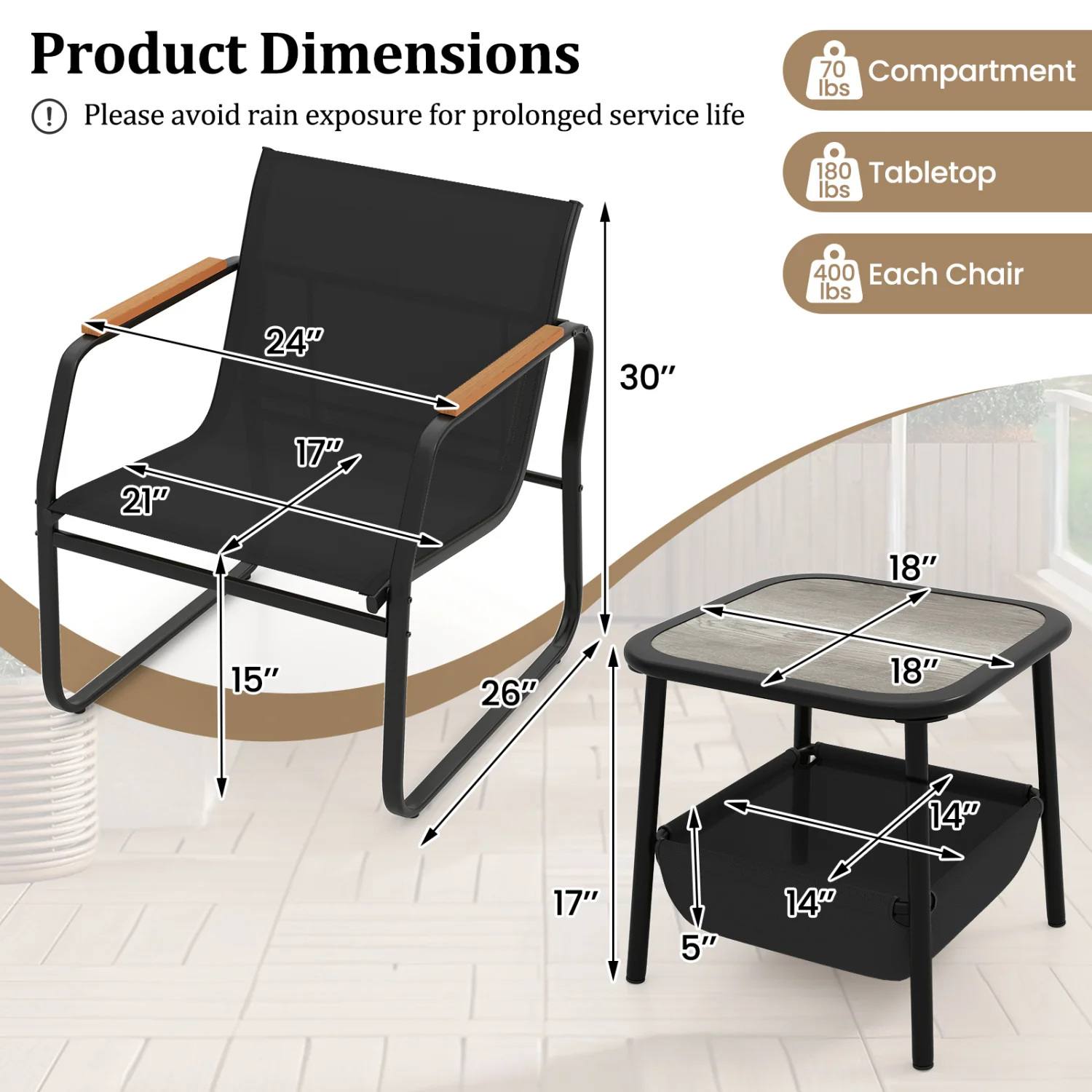 3-Piece Patio Bistro Set, Black - Image 5