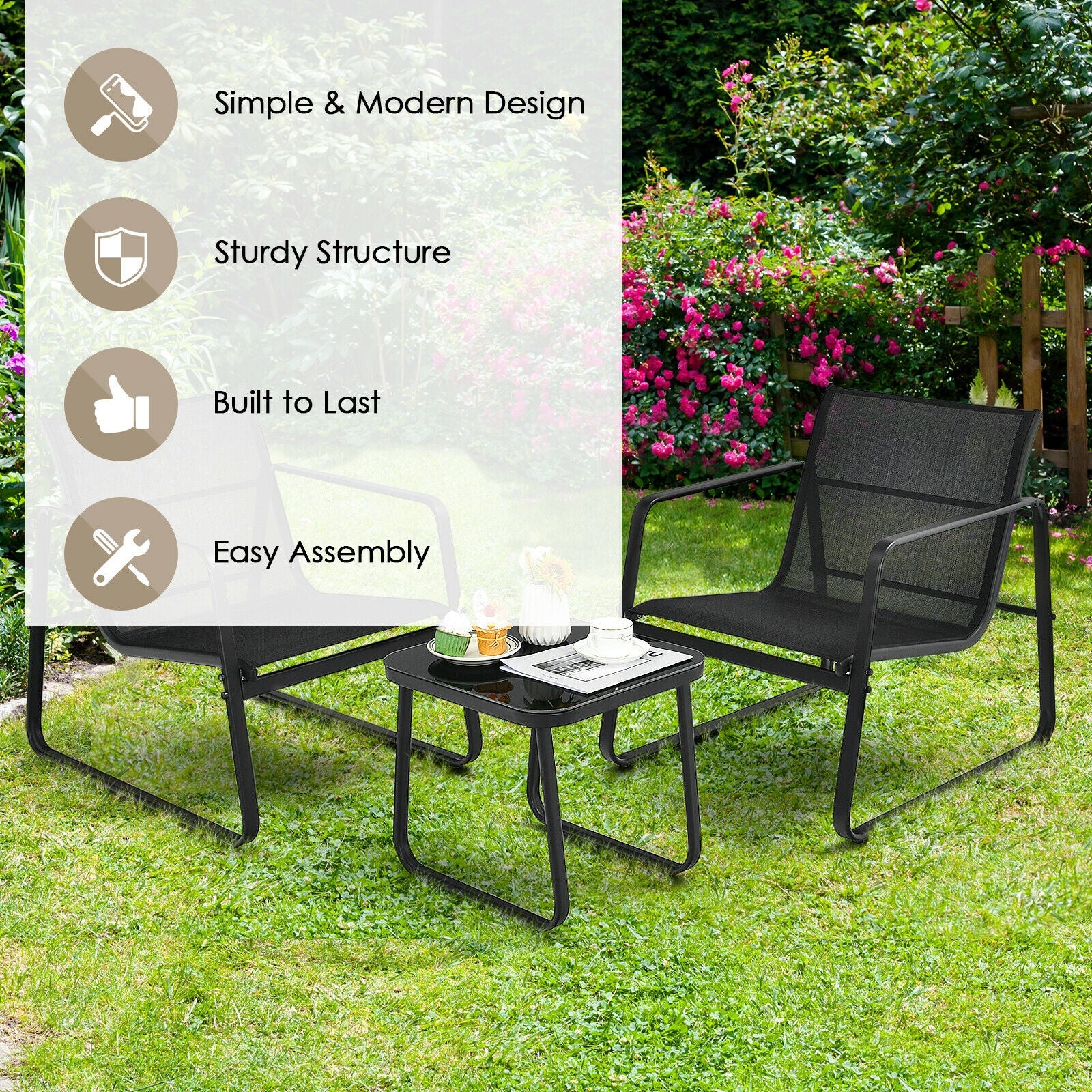 3 Piece Patio Bistro Set, Glass Top Table, Black - Image 3