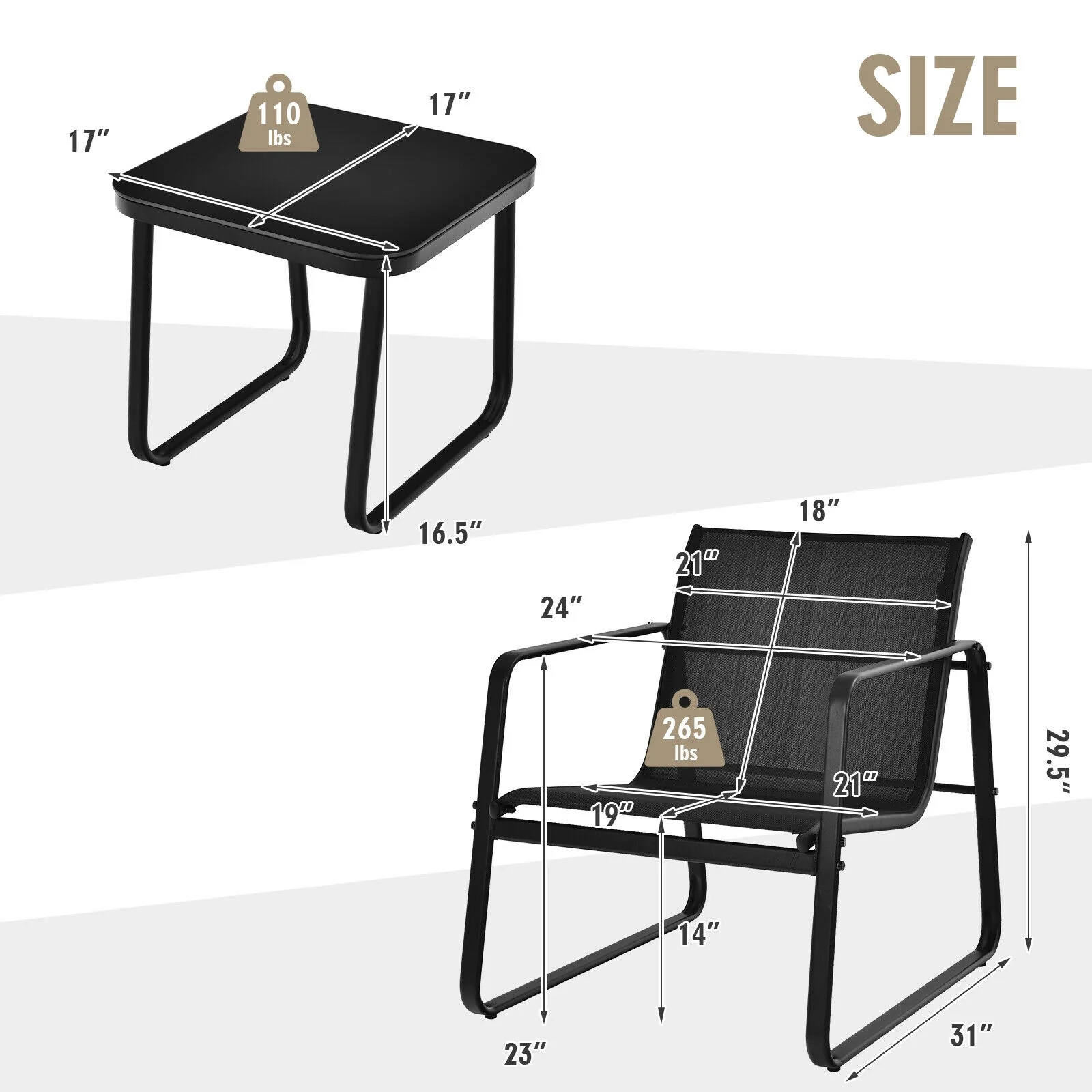 3 Piece Patio Bistro Set, Glass Top Table, Black - Image 5