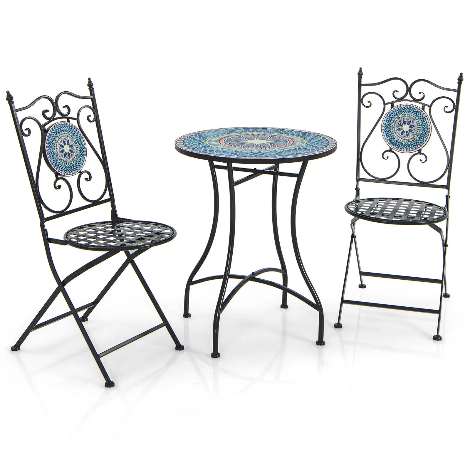 3 Piece Patio Bistro Set, Mosaic Pattern, Blue