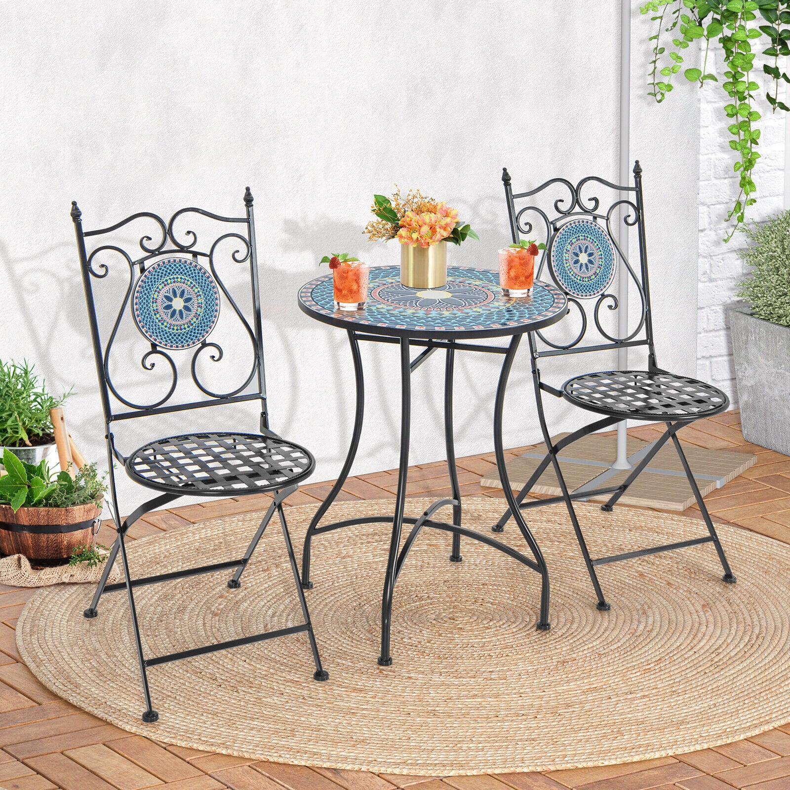 3 Piece Patio Bistro Set, Mosaic Pattern, Blue - Image 2